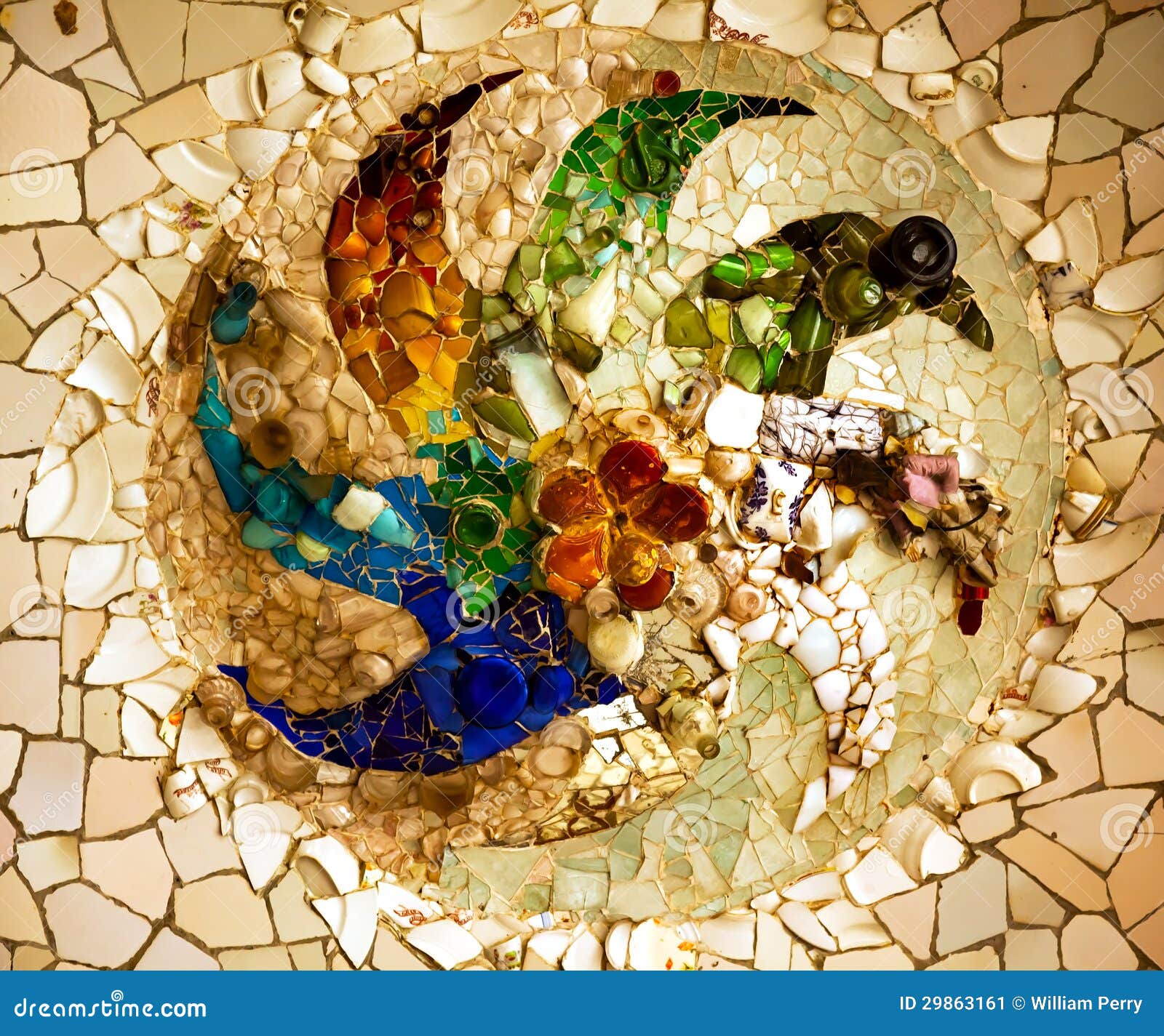 antoni gaudi ceramic mosaic  guell park barcelona catalonia spain