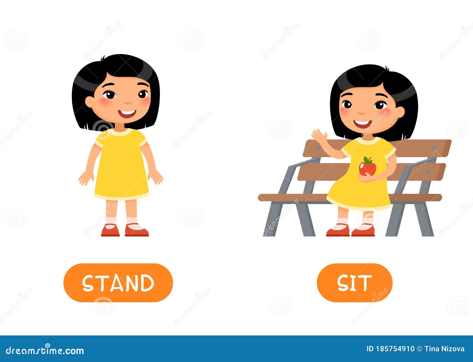 Antonyms Concept Stand And Sit Educational Flash Card With Little