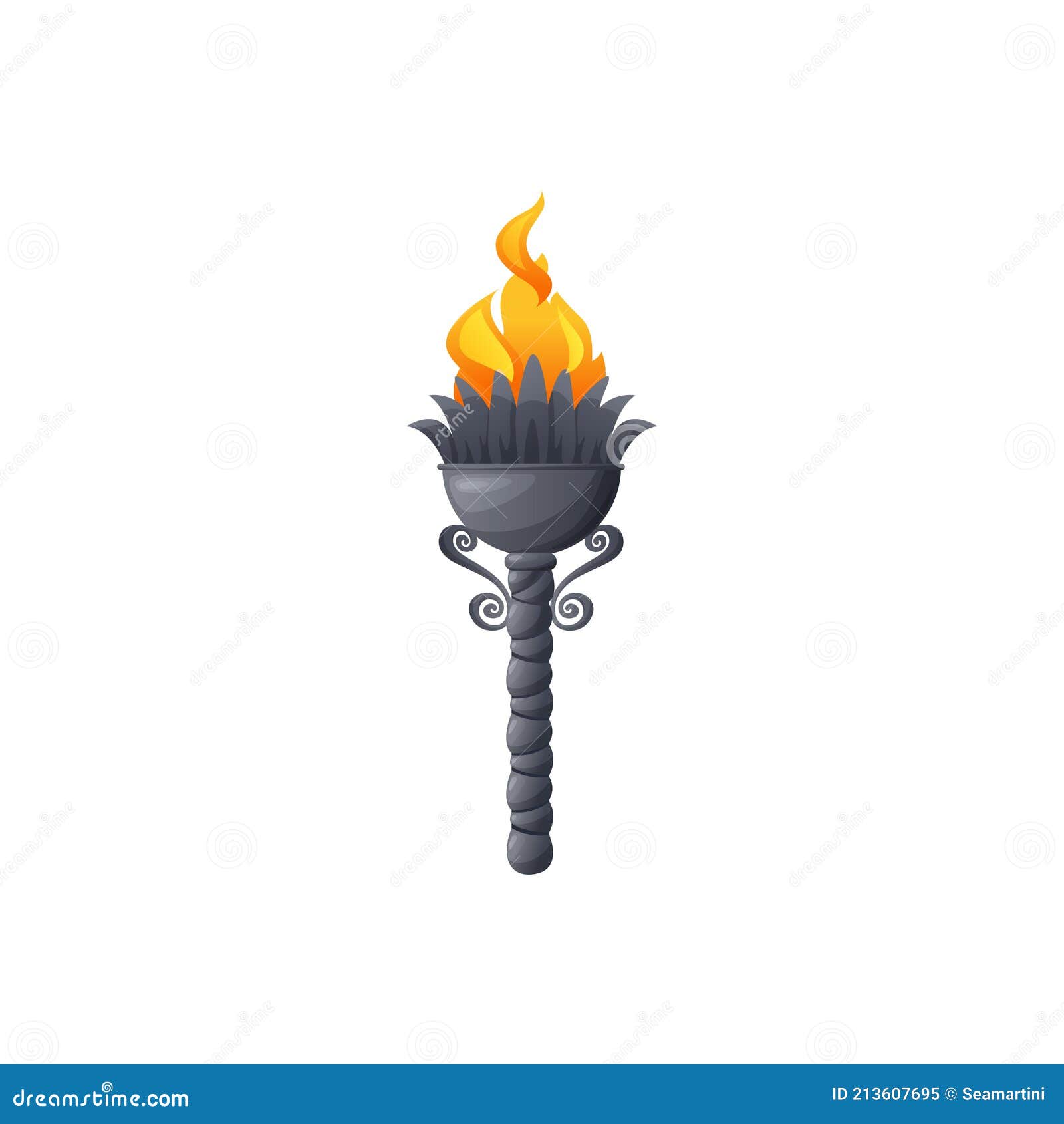 Antorchas medievales con fuego de fuego vector conjunto. Antiguas marcas de  metal y madera de diferentes formas con llama. Elementos de dibujos  animados para el juego de pc, flaming t Imagen Vector