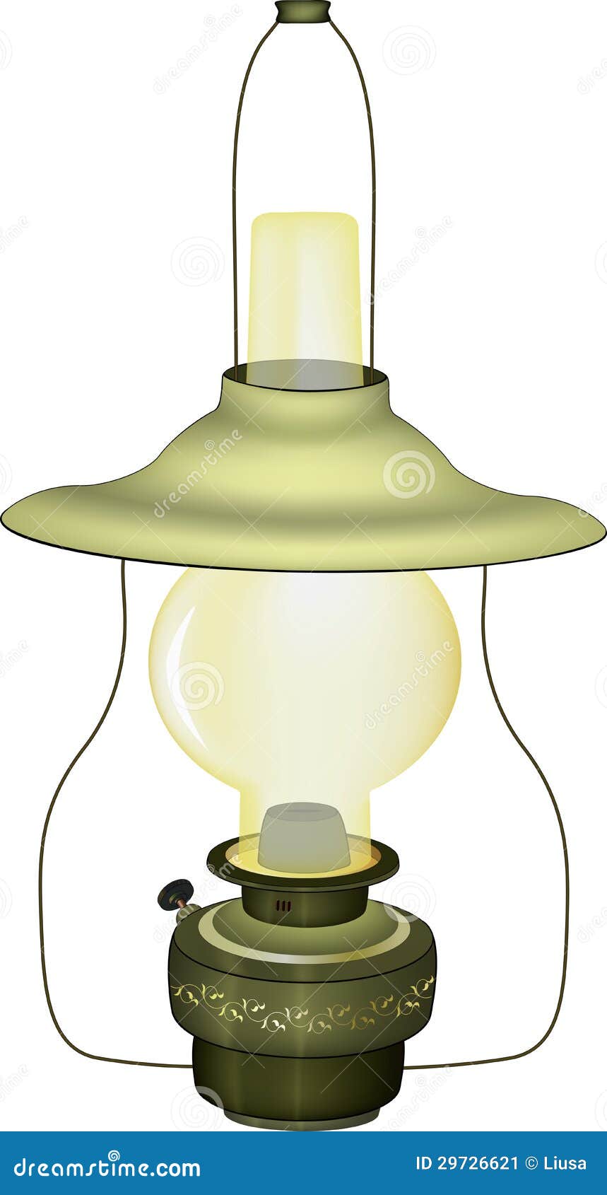 Stara zielona lampa. Antyczna zielona nafciana lampa z ornamentem