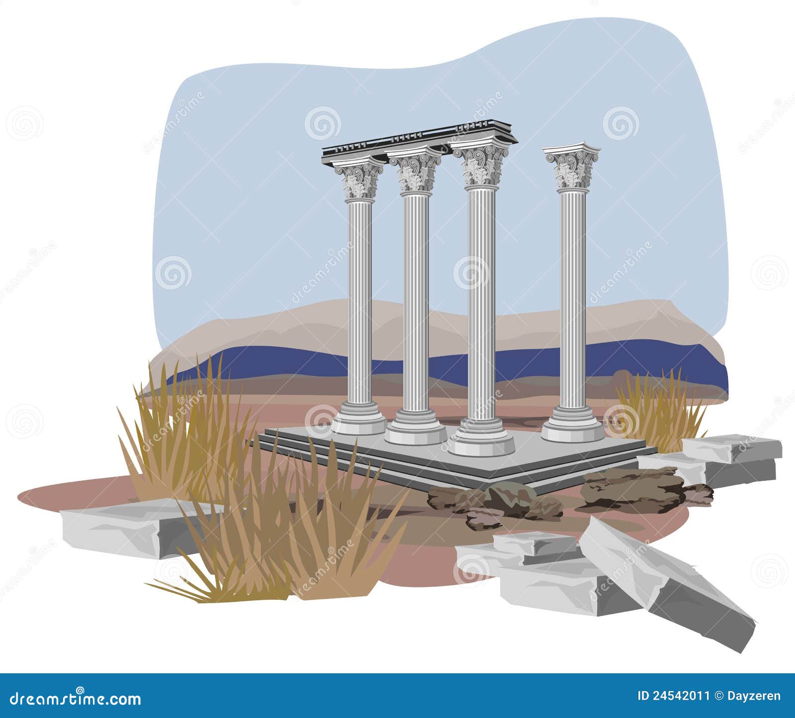 Antyk rujnuje świątynię. Antykwarskich ilustraci odosobnionych ruin świątynny biel