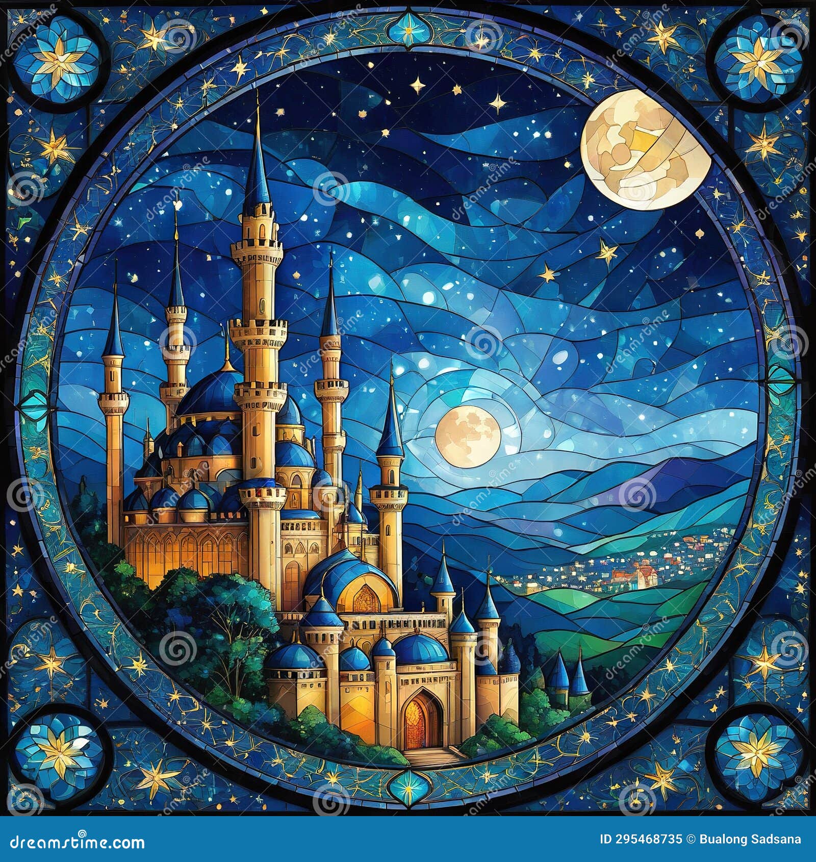 aof ornate s in the style of stained glass with night landscape with stars and