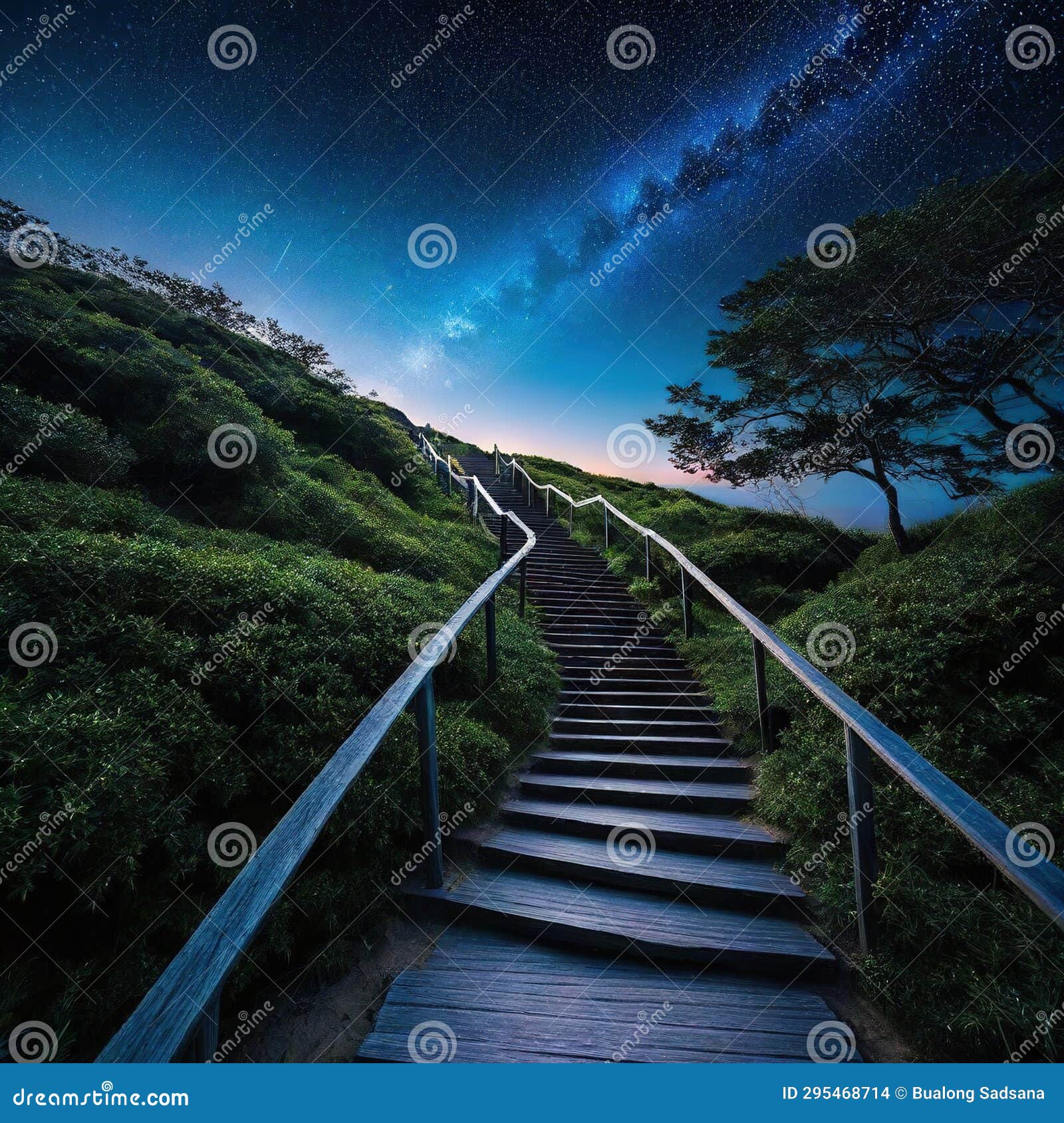 aof stairs leading up to a sky filled with stars and a bright light at the top of the stairs is a stairway leading up to a dark