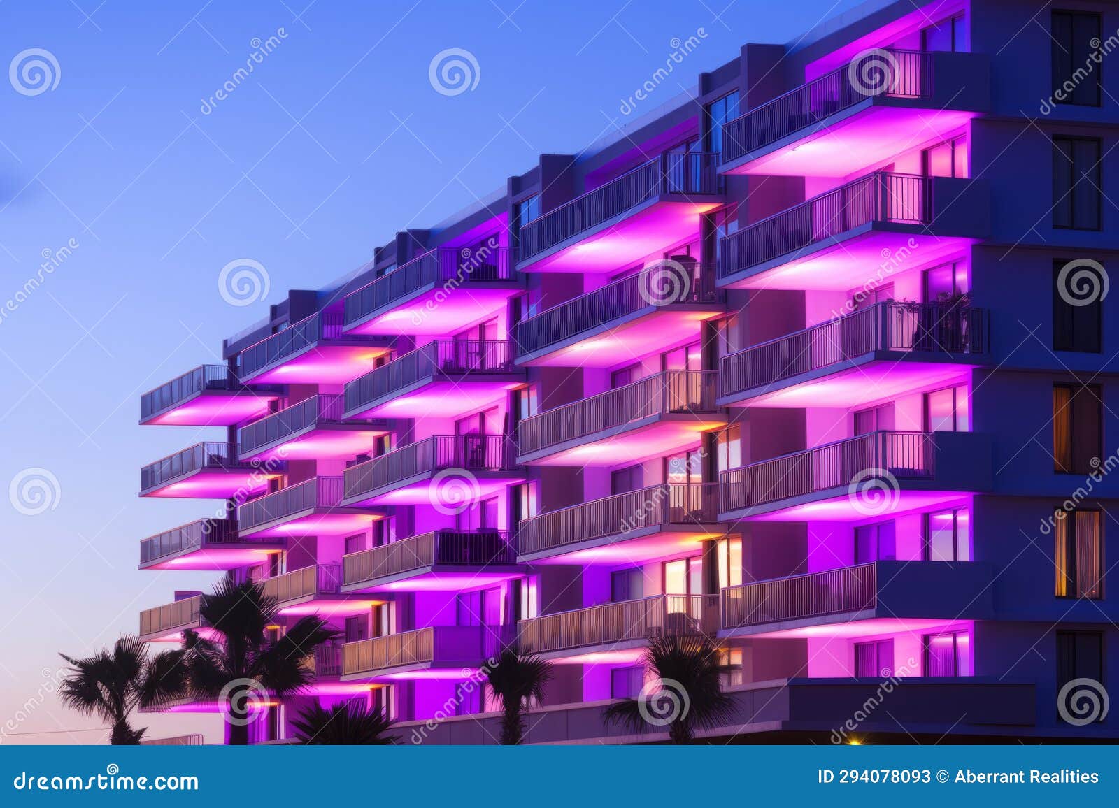 An Apartment Building with Purple Lights on the Balconies Stock