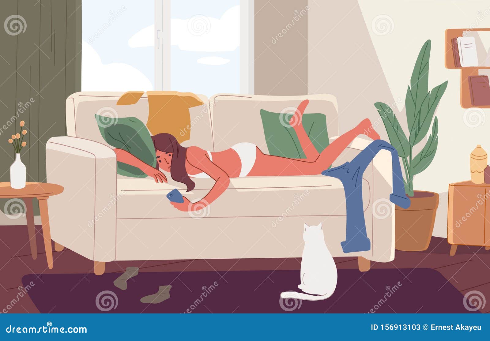 Apathetic Young Woman Lying on Sofa in Messy Room or Apartment and Surfing  Internet on Smartphone. Lazy Girl Resting on Stock Vector - Illustration of  cartoon, apartment: 156913103