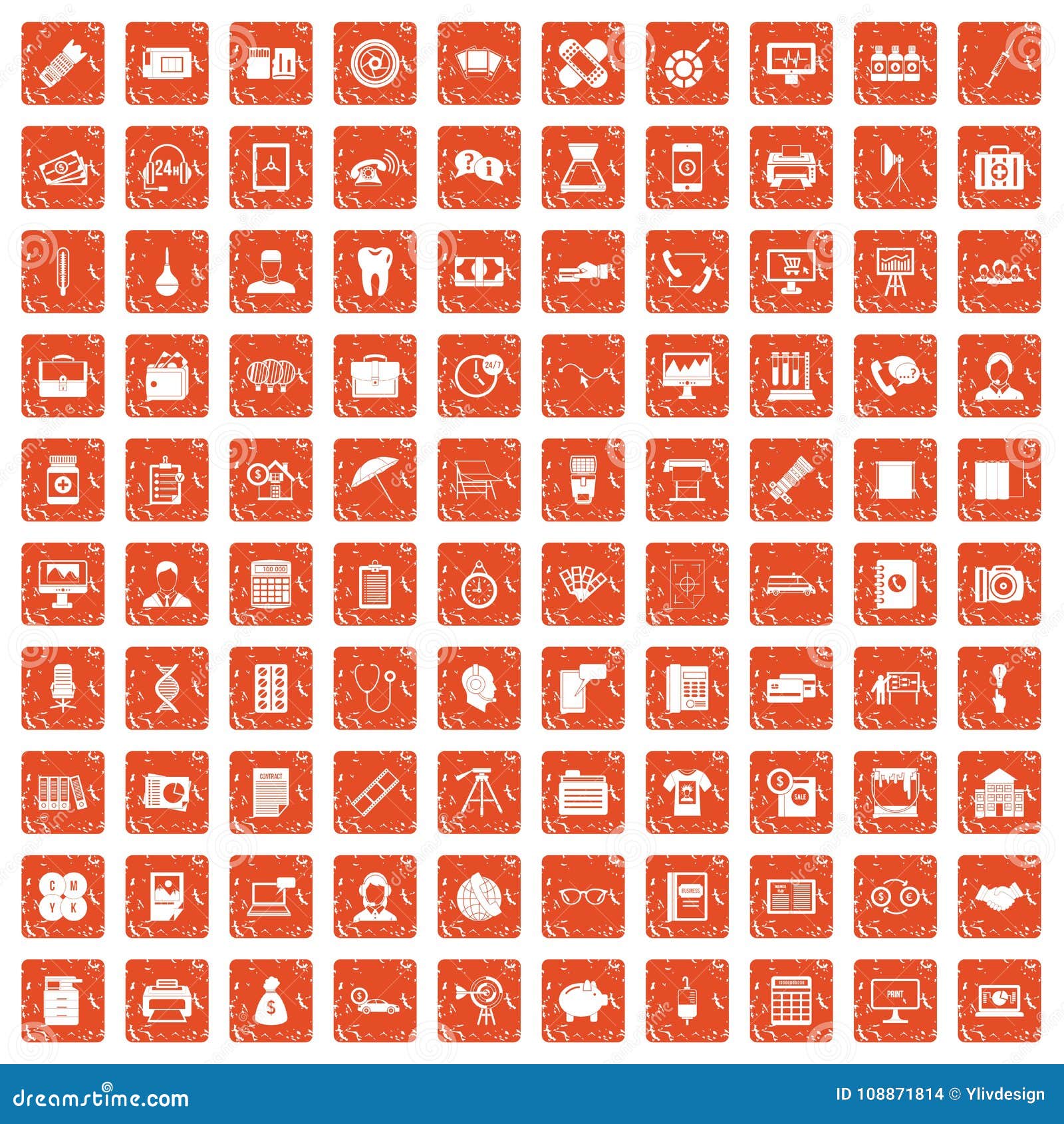 Apelsin för grunge för 100 avdelningssymboler fastställd. 100 avdelningssymboler ställde in i orange färg för grungestil isolerat på den vita bakgrundsvektorillustrationen