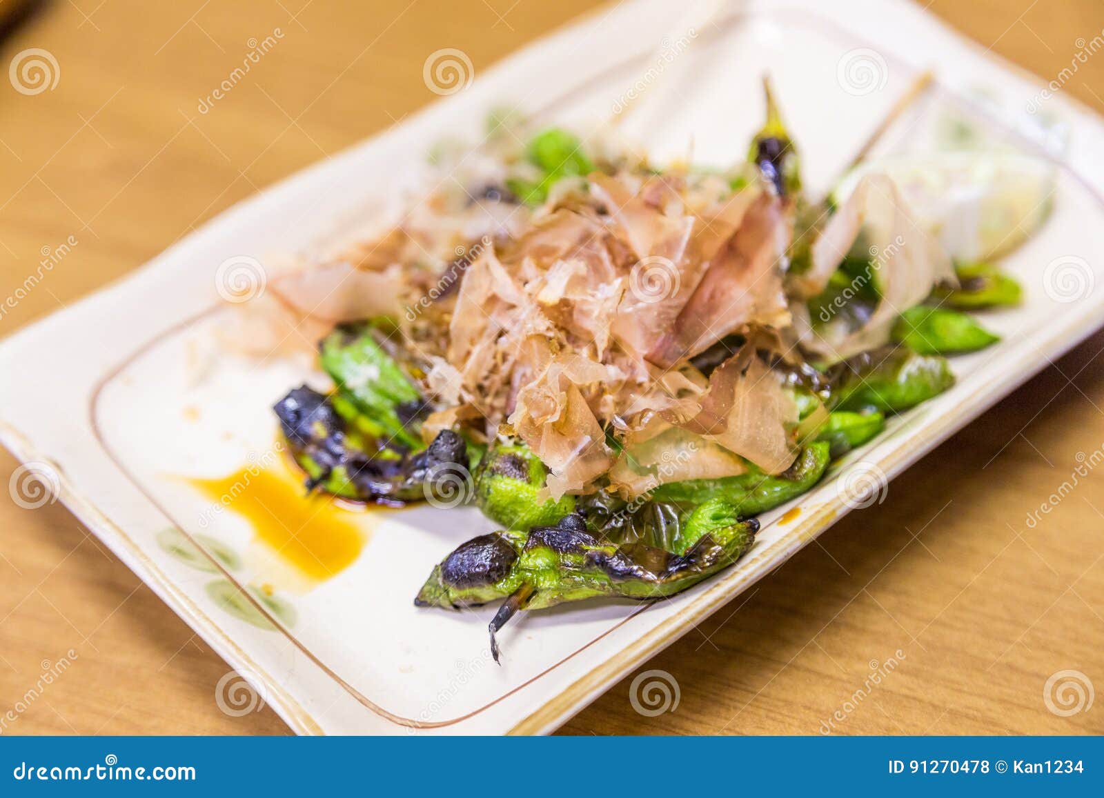 Apetizer, Grilled Okra with Dried Fish Flake. Stock Photo Image of