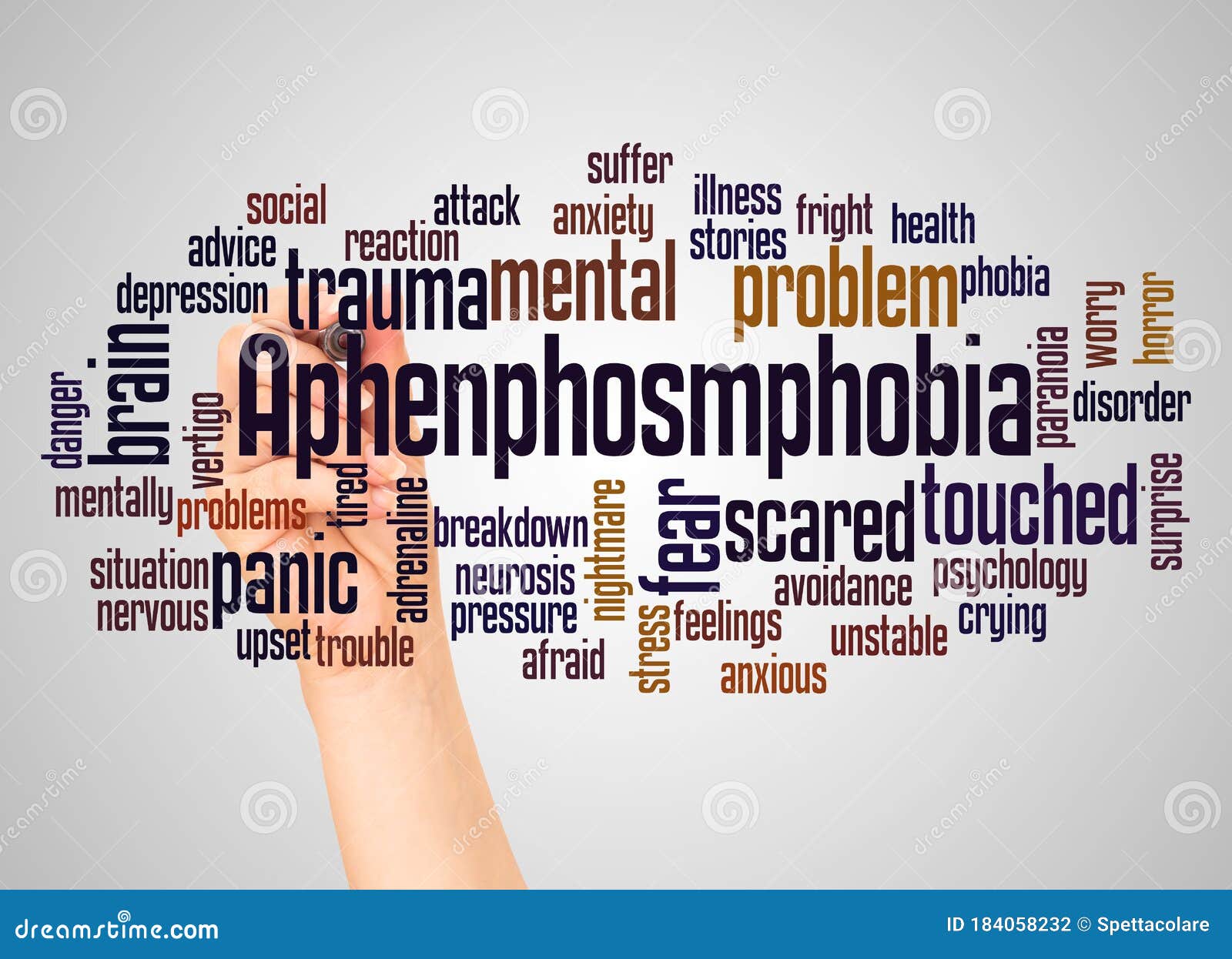 Aphenphosmphobia Fear of Being Touched Word Cloud and Hand with Marker