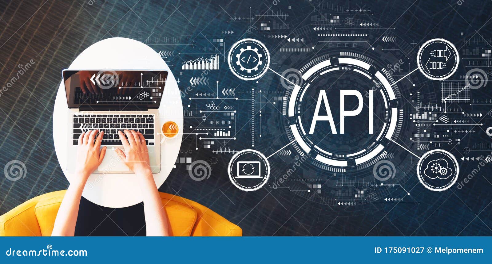 api - application programming interface concept api concept with person using a laptop