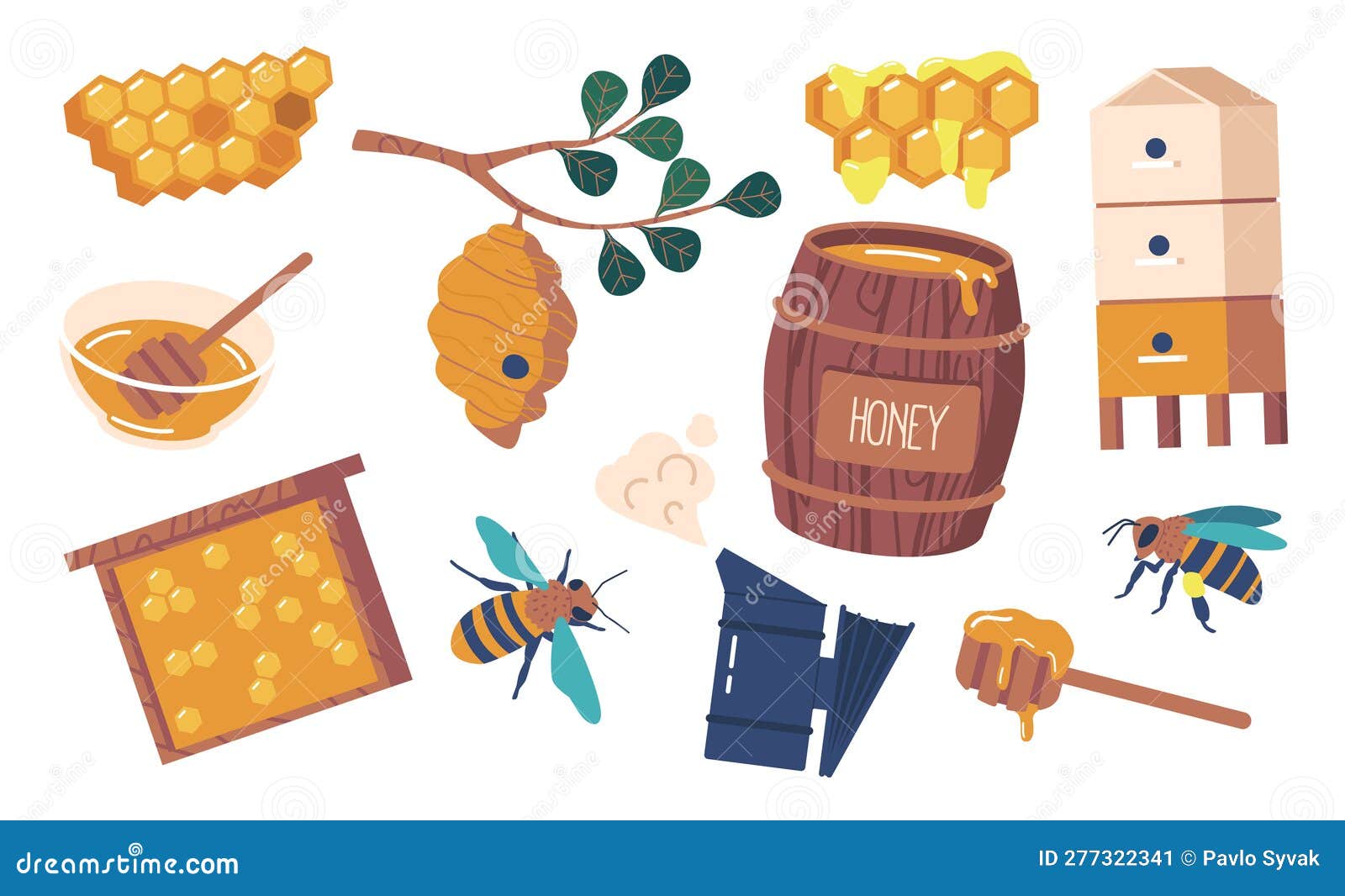 Apiary Items Set. Smoker, Hive, Barrel, Queen and Bee, Honey Dipper or