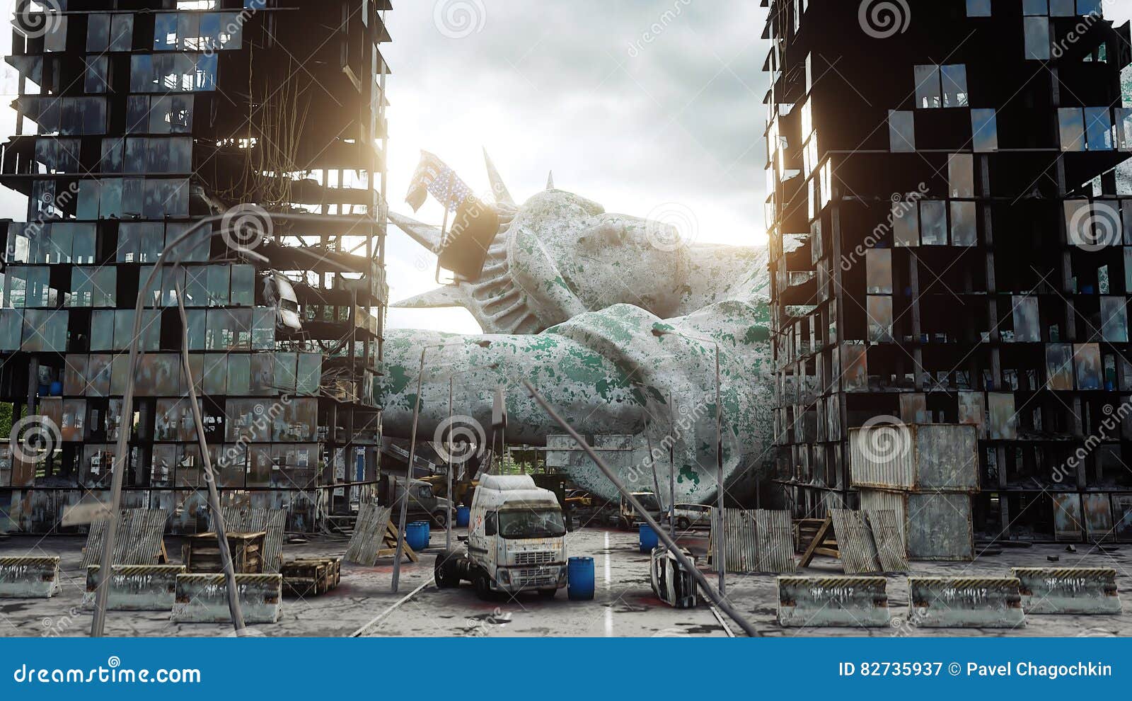 apocalypse of usa, america. view destroyed new york city, statue of liberty. apocalypse concept. 3d rendering.