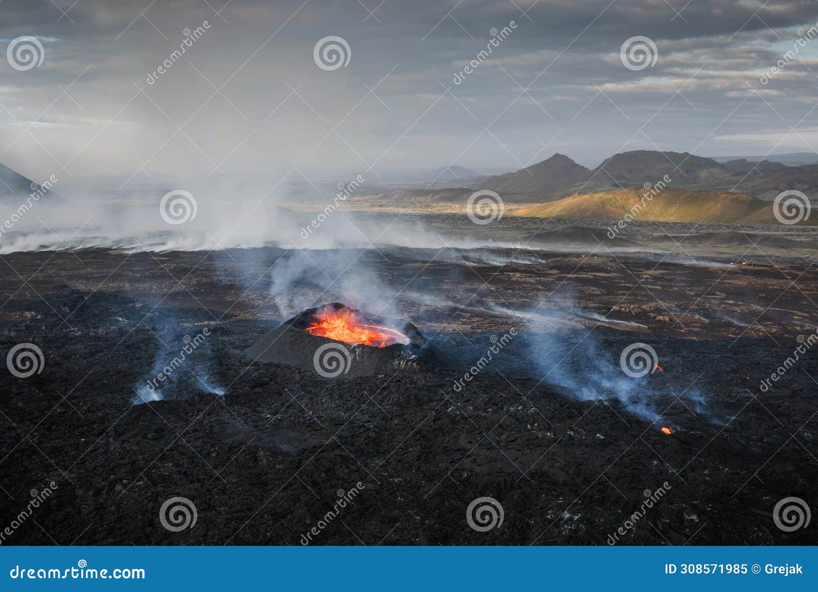 apocalyptic surroundings of an erupted volcano, lava and smoke spreading, aerial
