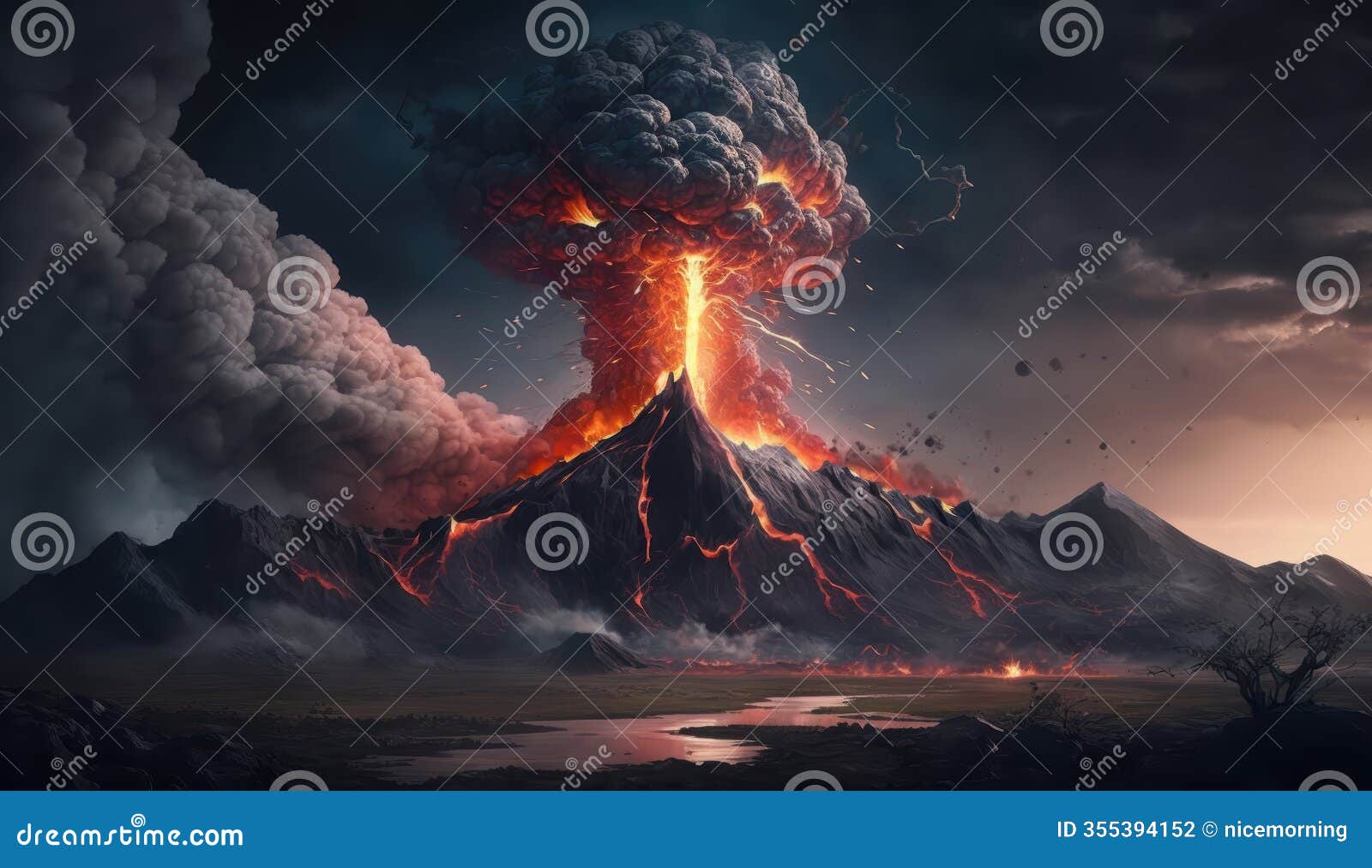 apocalyptic volcano eruption: fiery inferno and dark clouds. created by generative artificial intelligence
