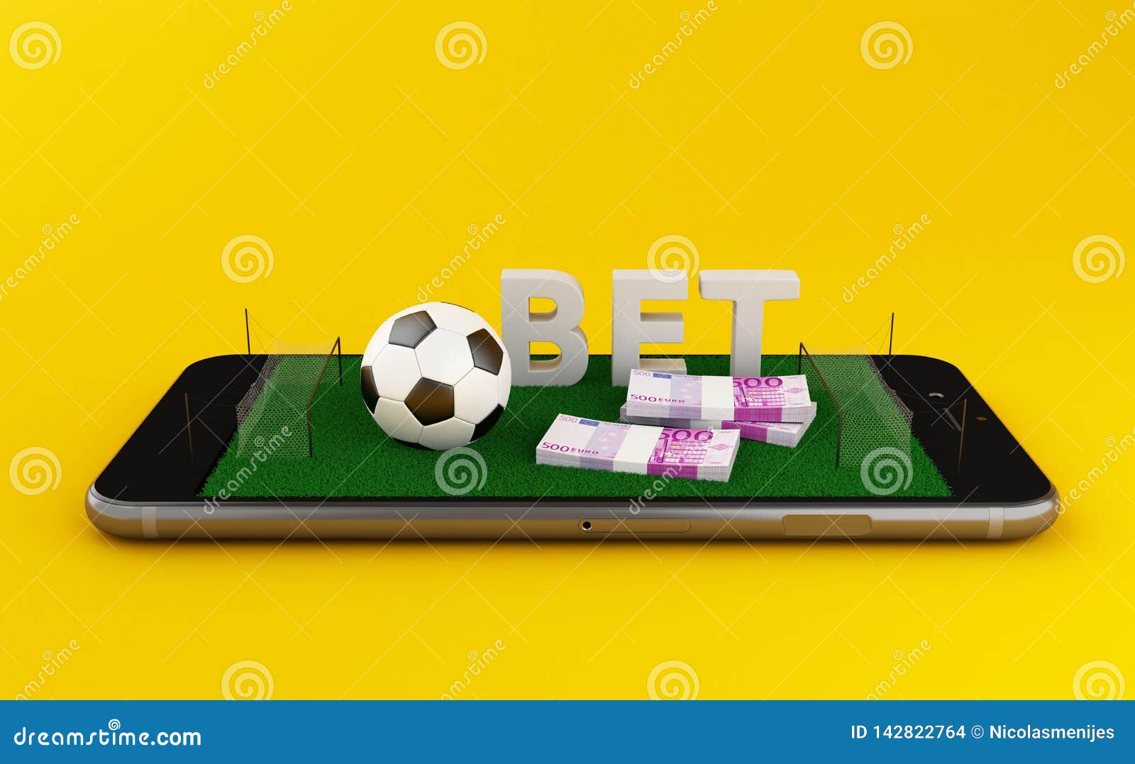 Telefone Celular Em Fundo Amarelo Com Campo De Futebol Na Tela 3d