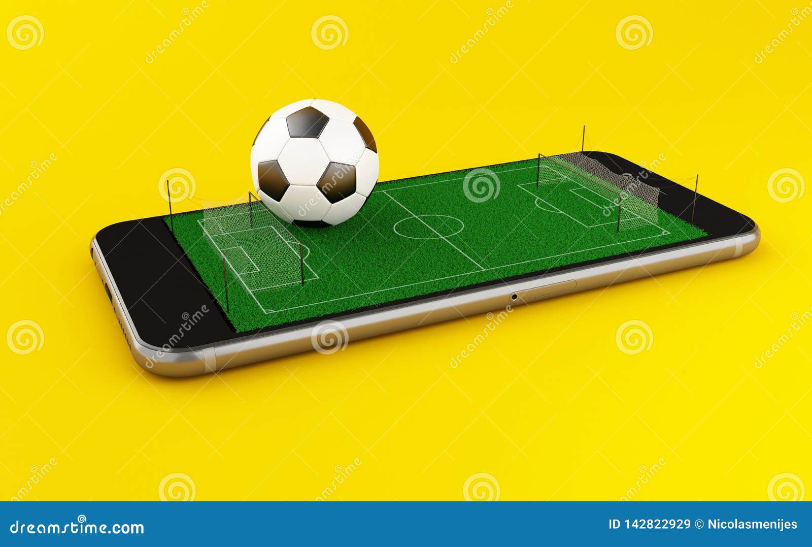 Telefone Celular Em Fundo Amarelo Com Campo De Futebol Na Tela 3d