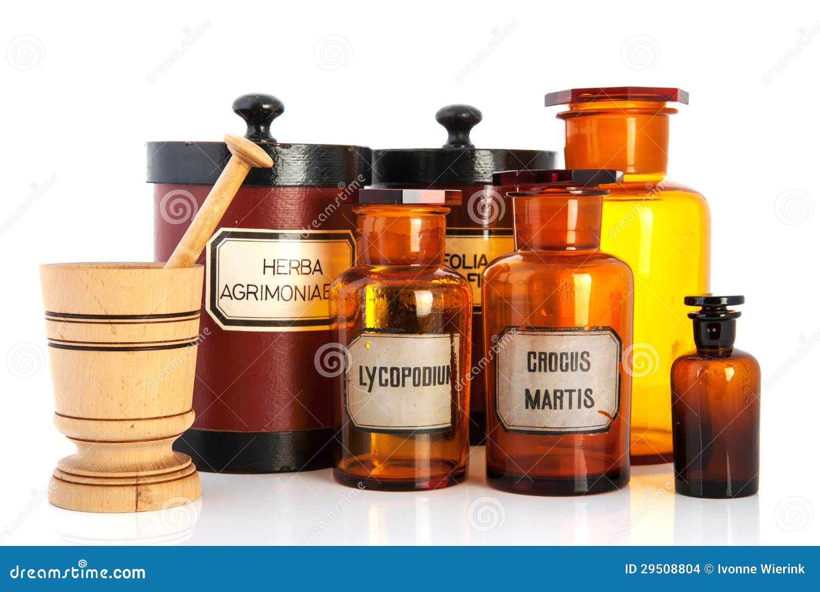 apothecary pots with ingredients for medicins