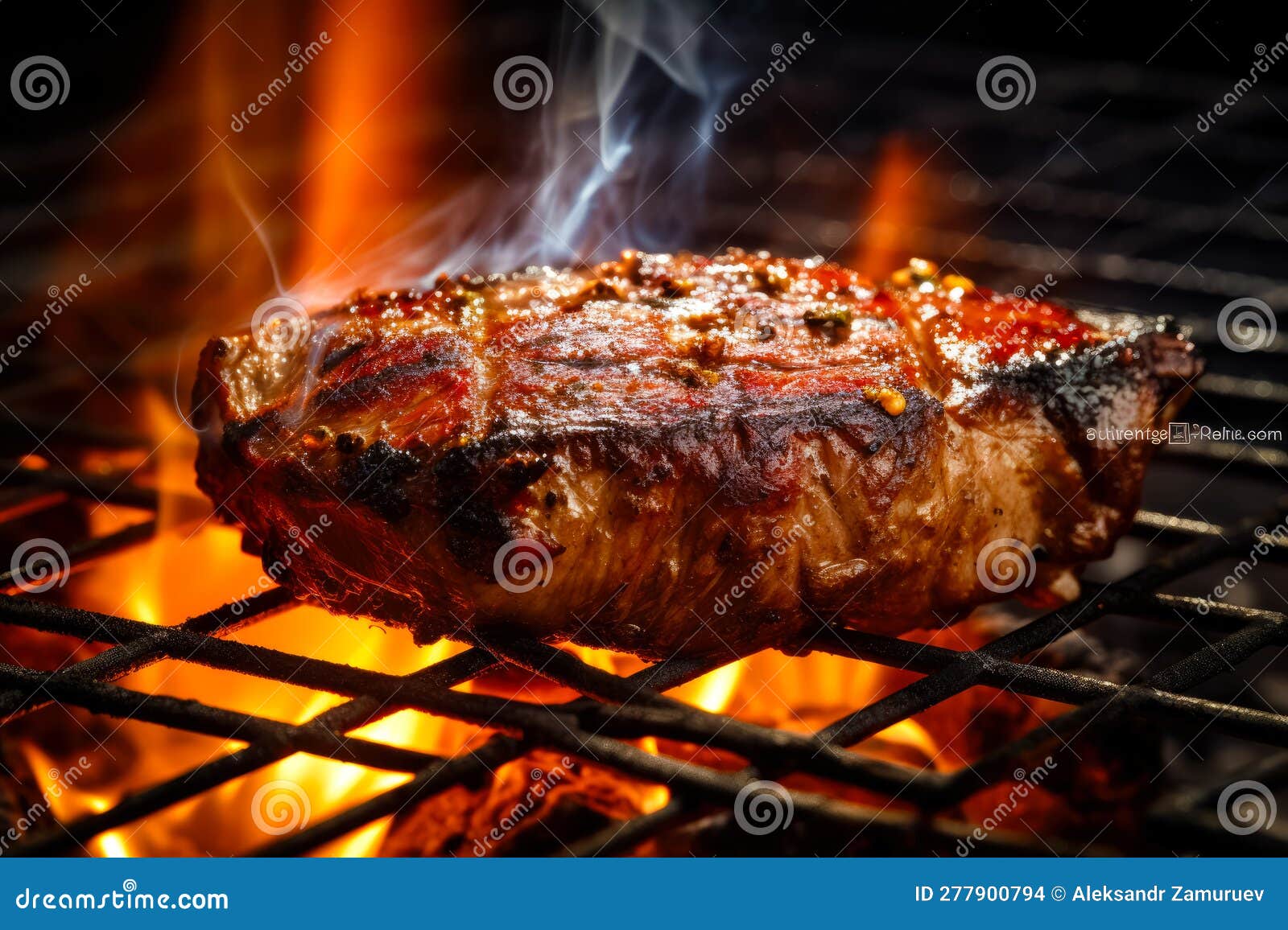 Appetitive Spices Beef Steak Sizzling Over Flaming Grill. Gourmet Food ...