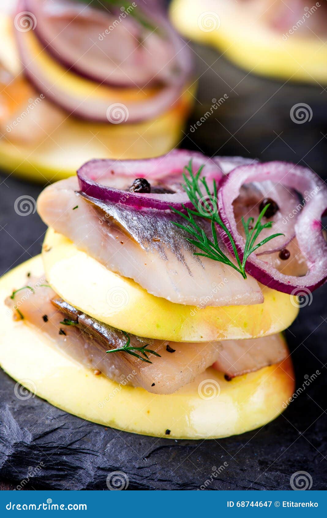 Appetizer Canape with Herring, Apples Stock Image - Image of fragrant ...