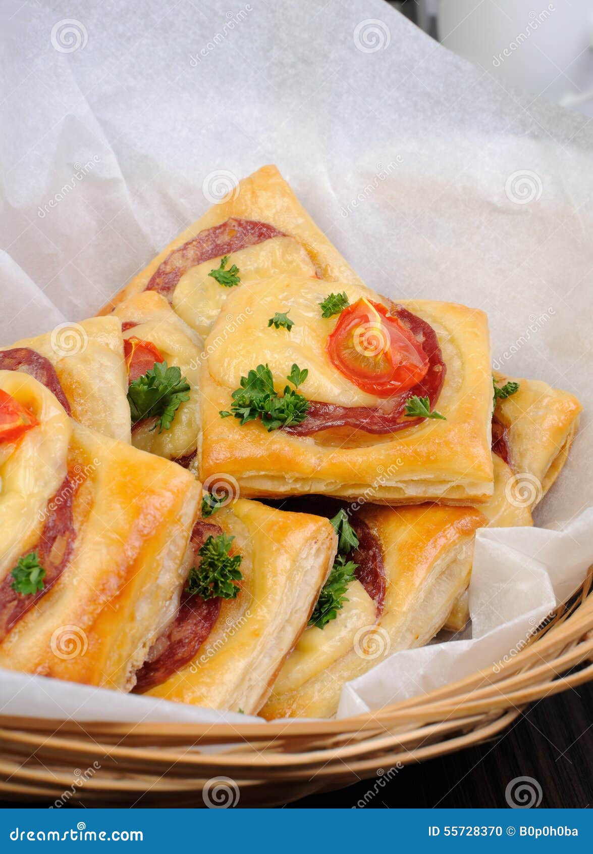 Appetizer of Puff Pastry with Salami Stock Photo Image of parsley
