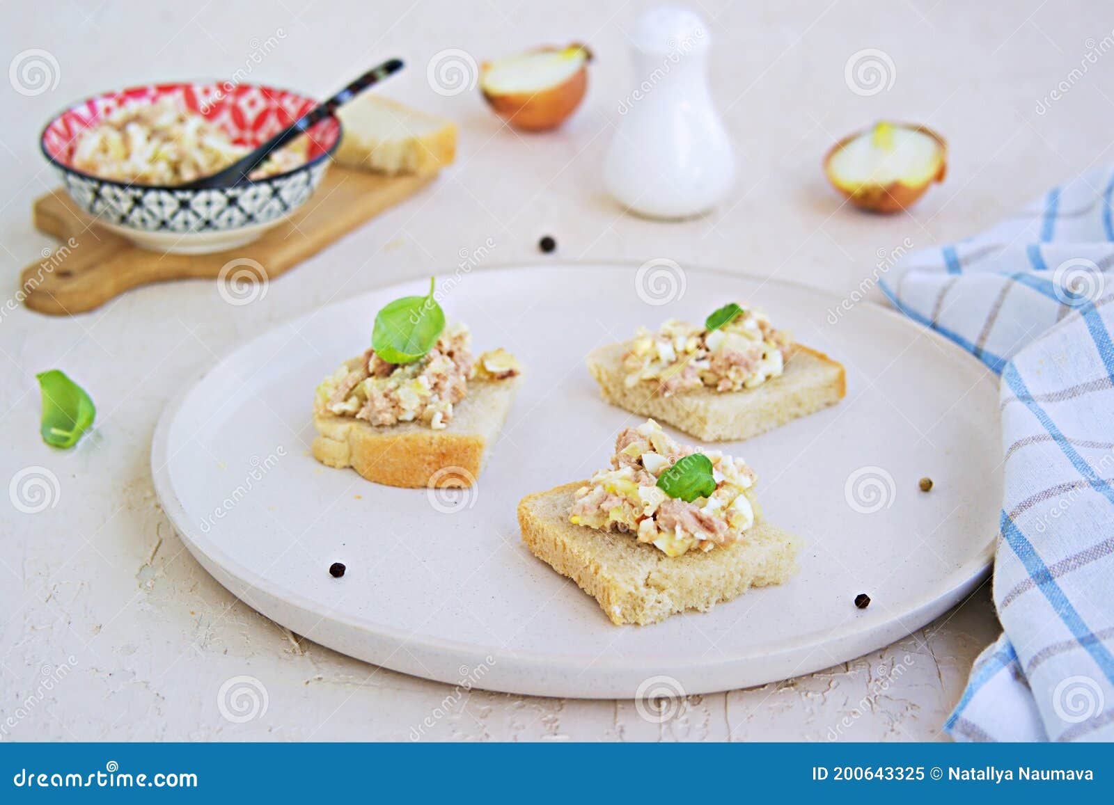 Appetizer, Salad of Canned Cod Liver, Boiled Egg and Onion on Slices of