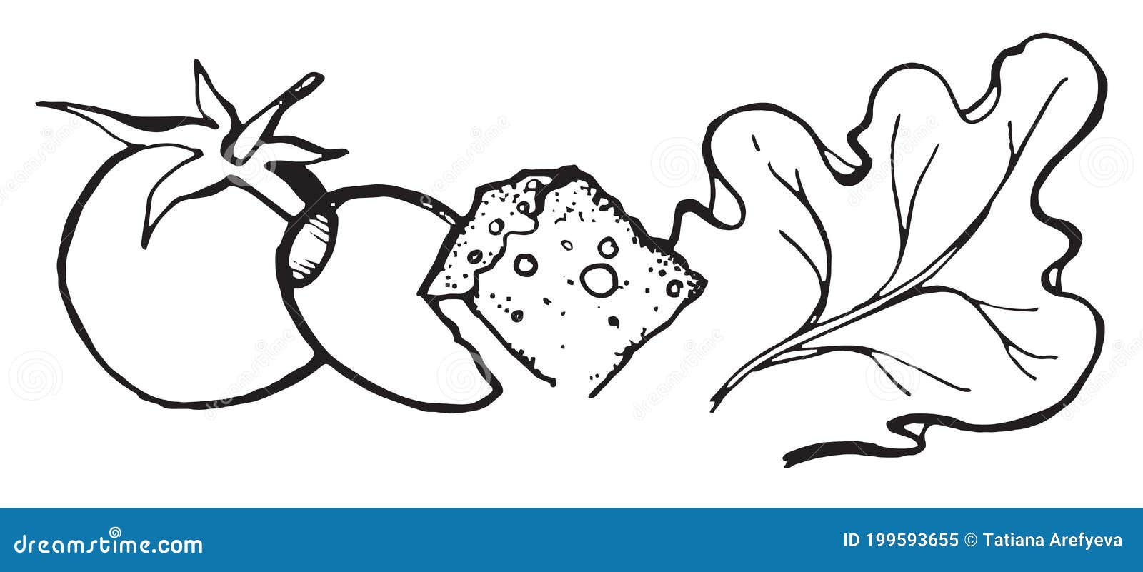 Appetizer, Salad, Olive, Cheese, Hand Draw Sketch, Black and White