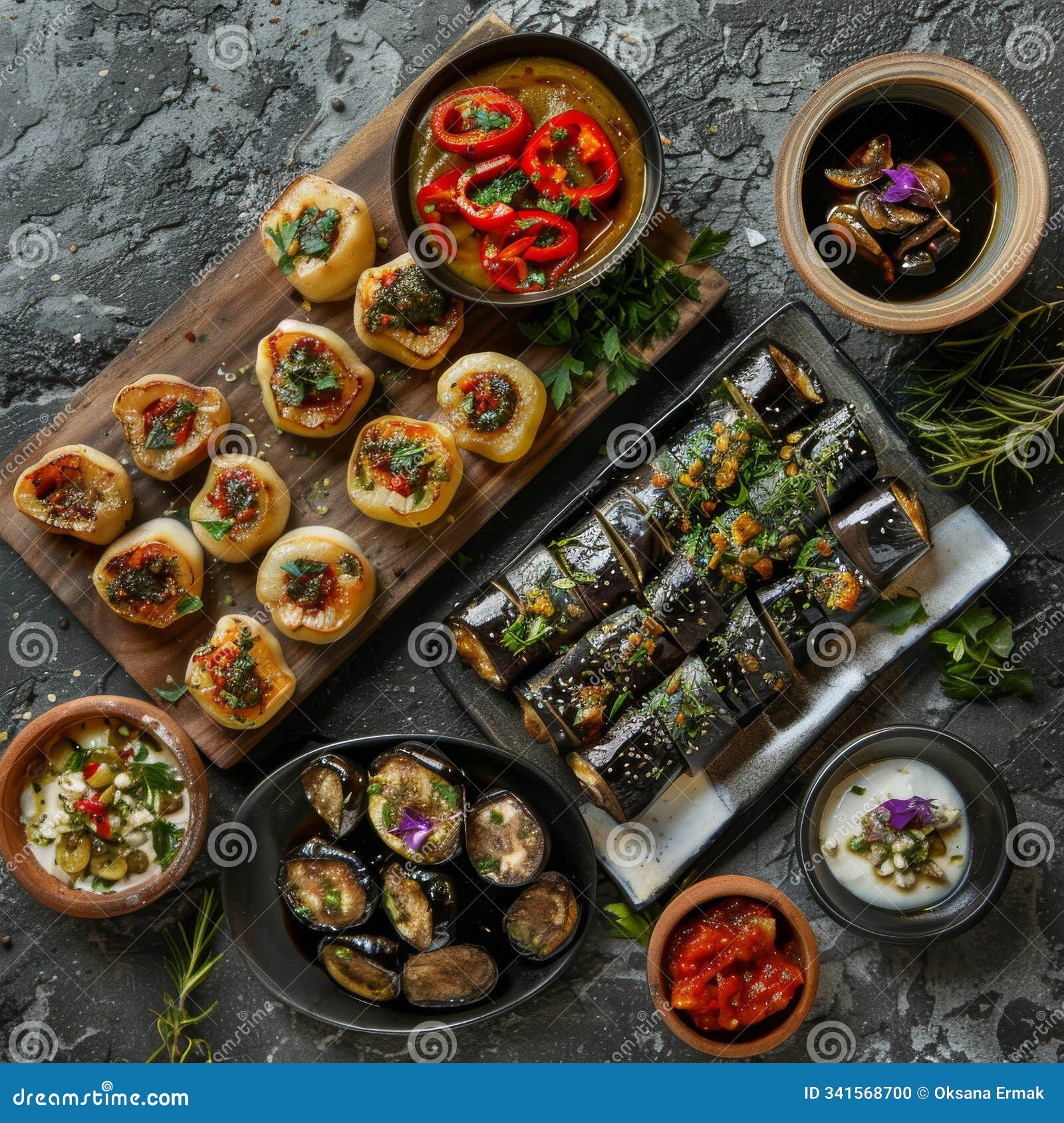 appetizers set with baked eggplants, champignon caps, aubergine rolls and traditional georgian pkhali