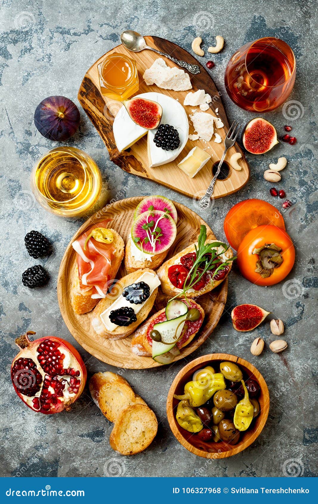 Appetizers Table with Italian Antipasti Snacks. Brushetta or Authentic  Traditional Spanish Tapas Set, Cheese Variety Board Stock Photo - Image of  healthy, cheese: 106327968