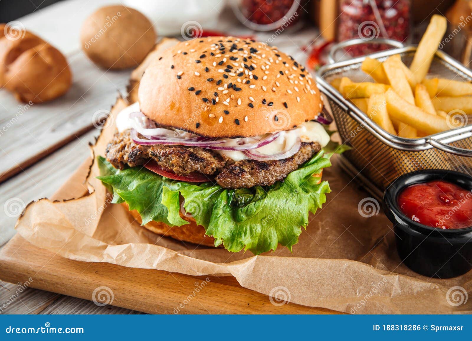 Appetizing American Burger with Fries and Sauce Stock Photo - Image of  fries, double: 188318286