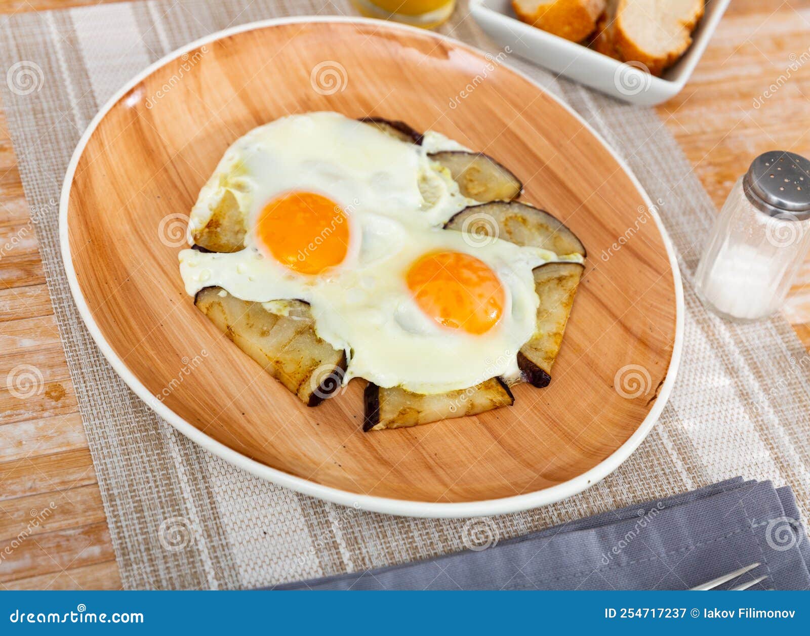 Appetizing Scrambled Eggs with Eggplant Closeup. Vegan Appetizer Stock