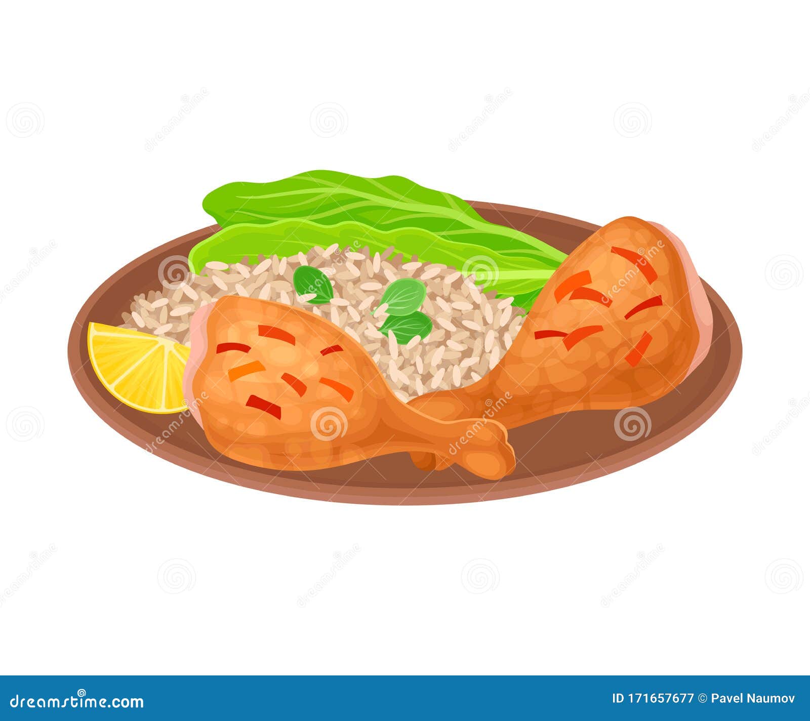 Appetizing Thai Food of Rice with Fried Chicken Legs and Greenery Served on  Ceramic Plate Side View Vector Illustration Stock Vector - Illustration of  cuisine, menu: 171657677