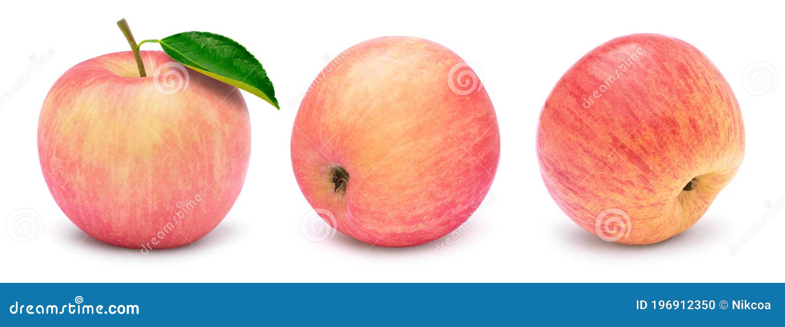 Pink Fuji Apples With Green Leaf Isolated On White Stock Photo