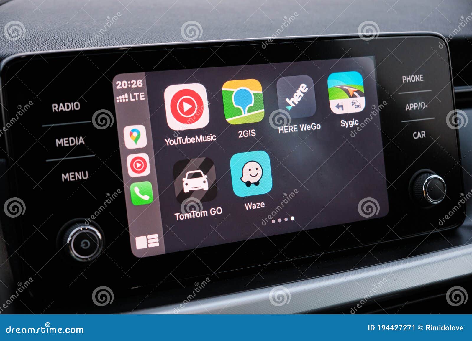 Apple CarPlay Screen in the Car Dashboard. Youtube Music, Waze, Here WeGo, Sygic, TomTom Go Logo on the Screen in Editorial Photo - of button, modern: 194427271