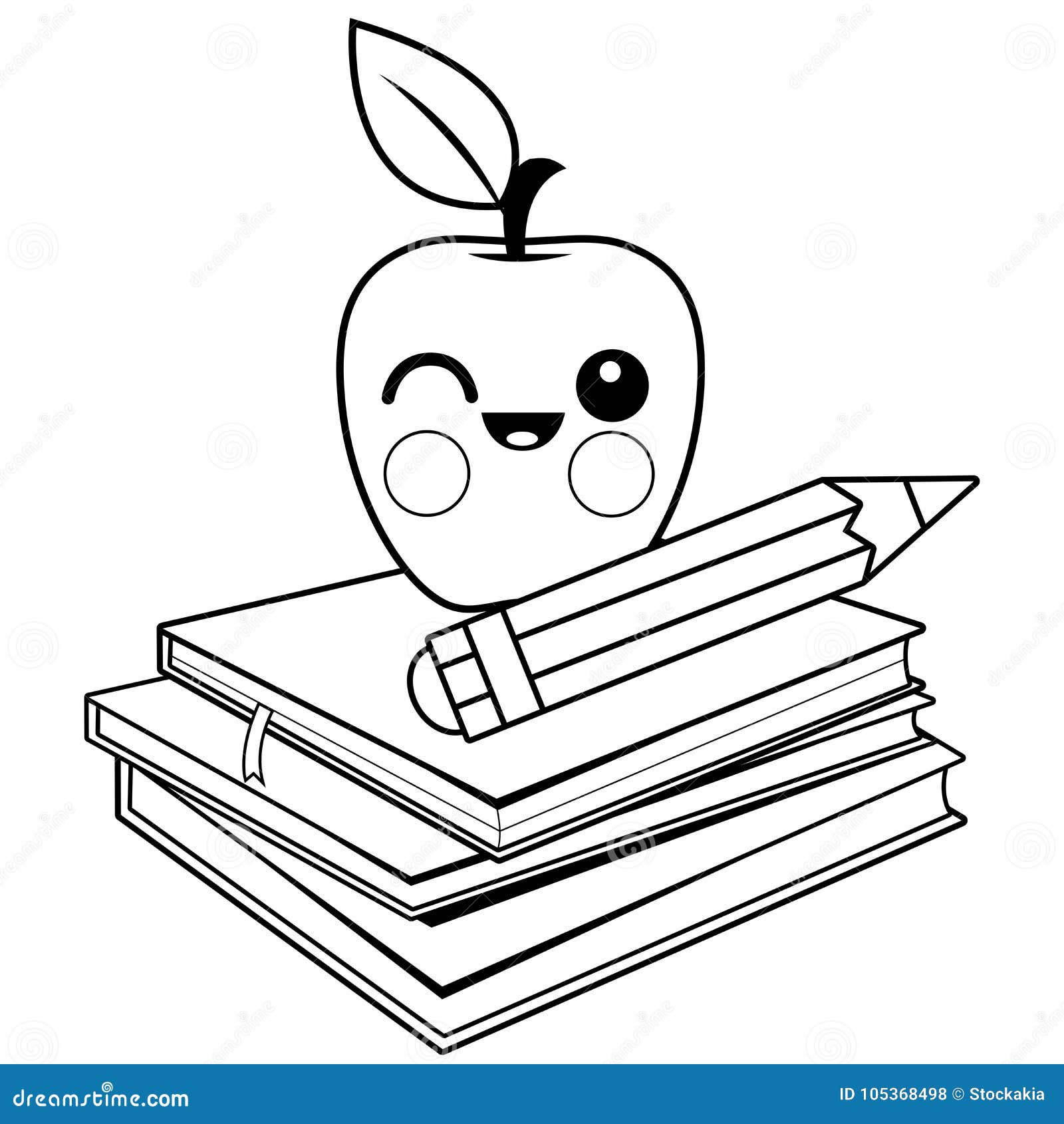 Manzana, Libros Y Lapiz. Página De Libro Para Colorear En Blanco Y Negro.  Ilustraciones svg, vectoriales, clip art vectorizado libre de derechos.  Image 91103948