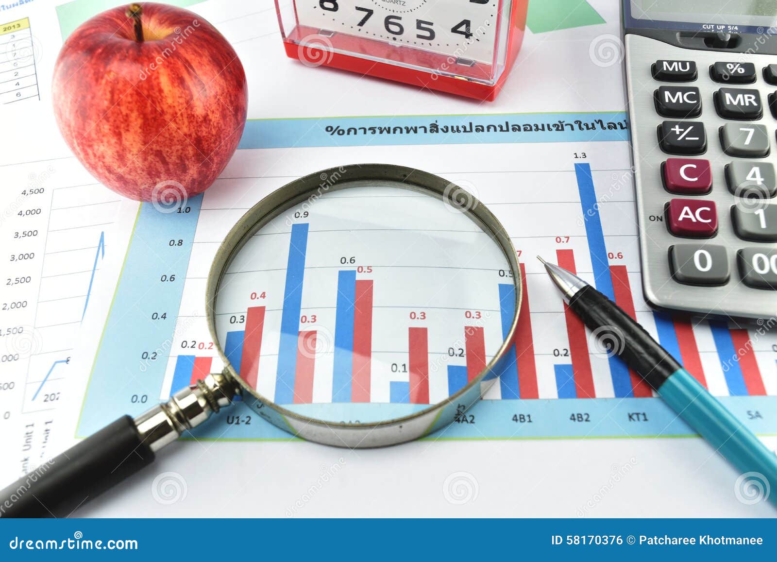 Apple, Money,clock, Telephone and Calculator Placed on Document. Stock