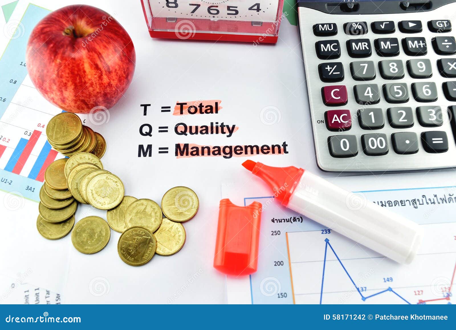 Apple, Money,clock, Telephone and Calculator Placed on Document. Stock