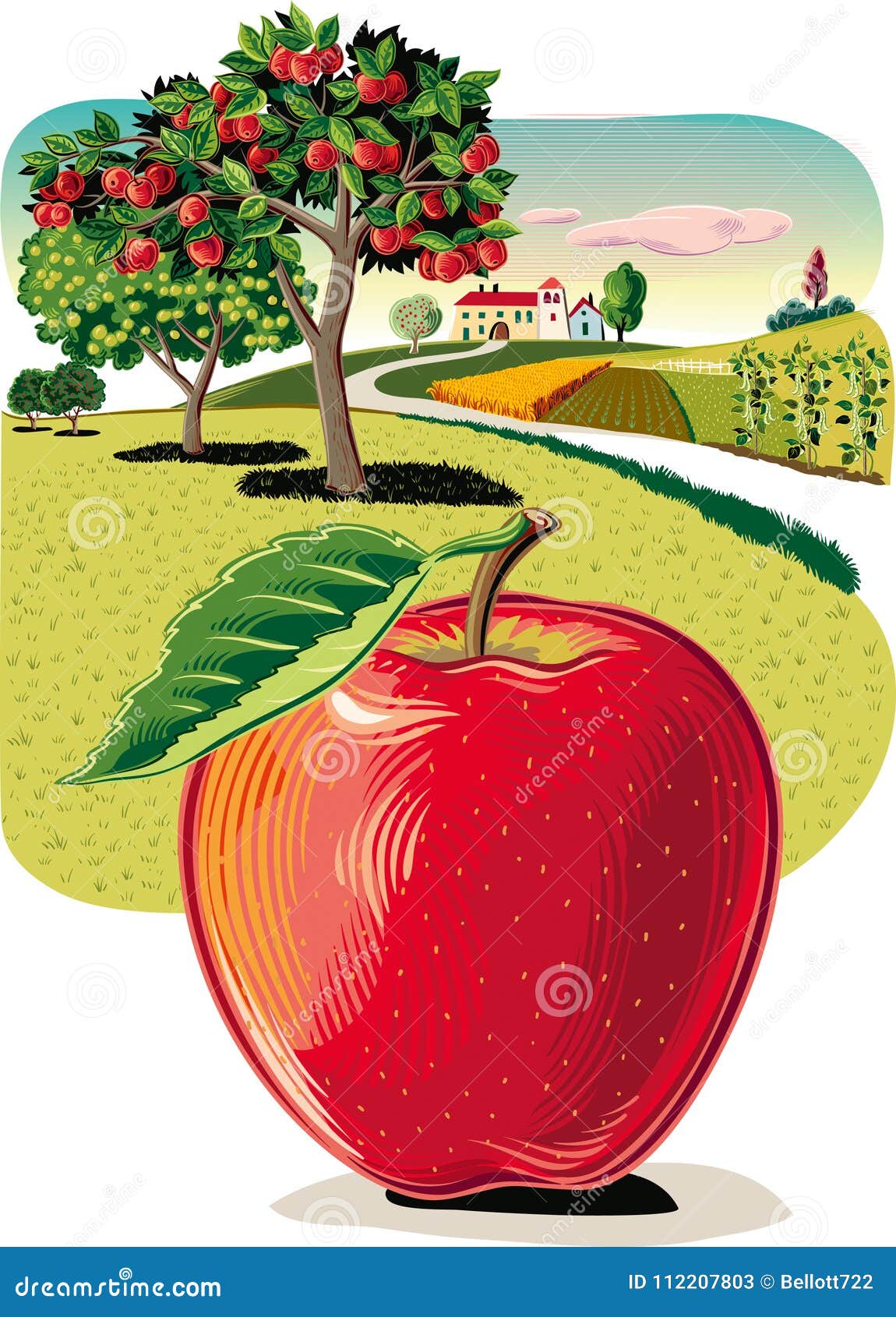 Apple orchard landscape. stock illustration. Illustration of leaning