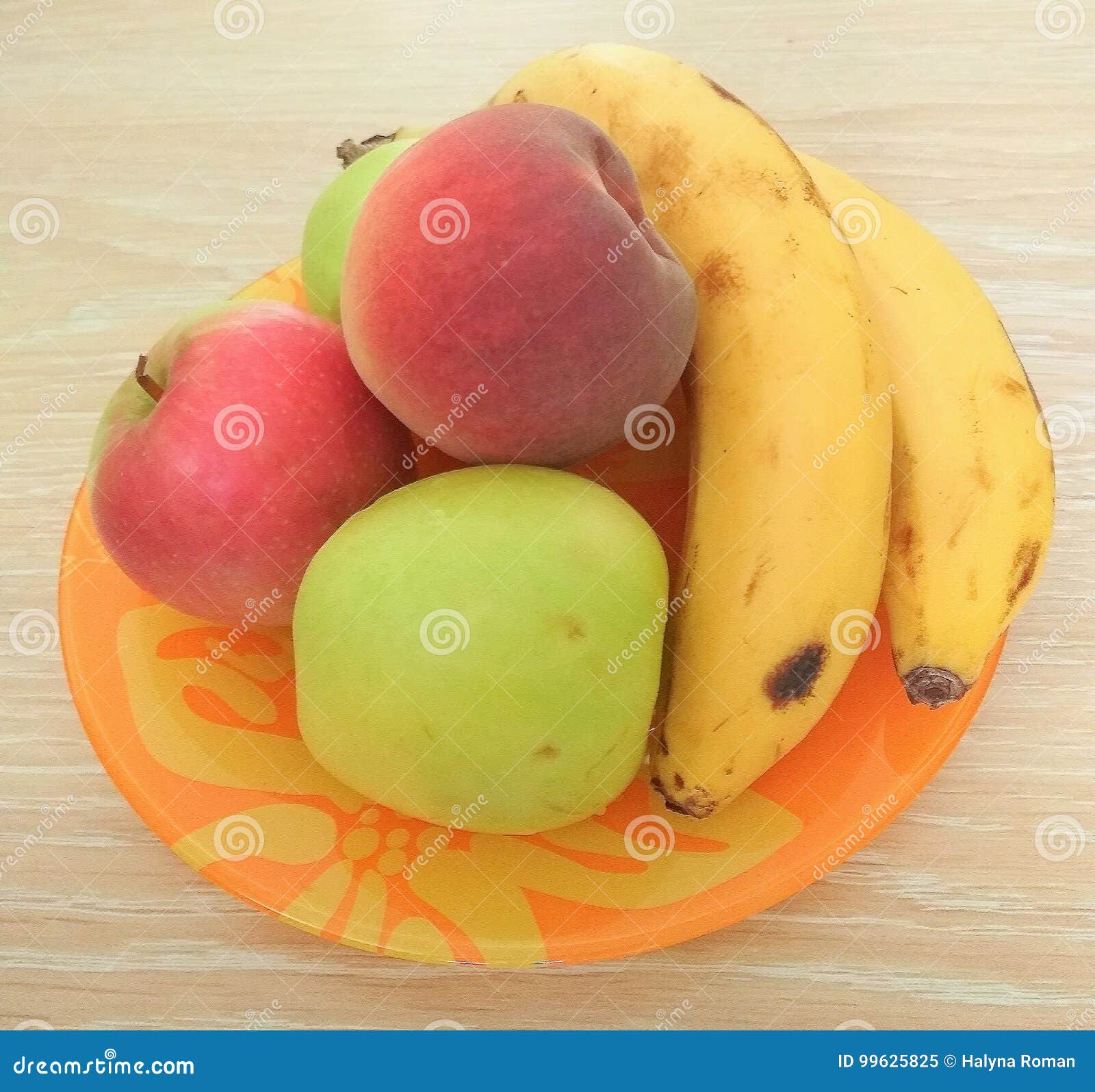 Apple Peach And Banana On Orange Plate Stock Image Image Of Apples