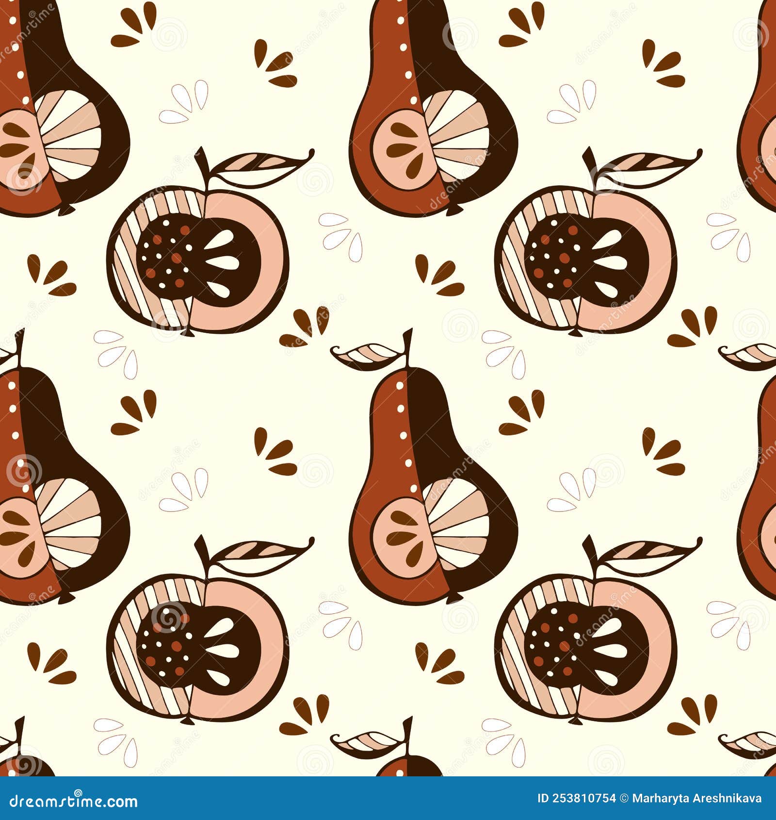 Apple and Pear Pattern Doodle Hand Drawn, Brown Autumn Color. Stock