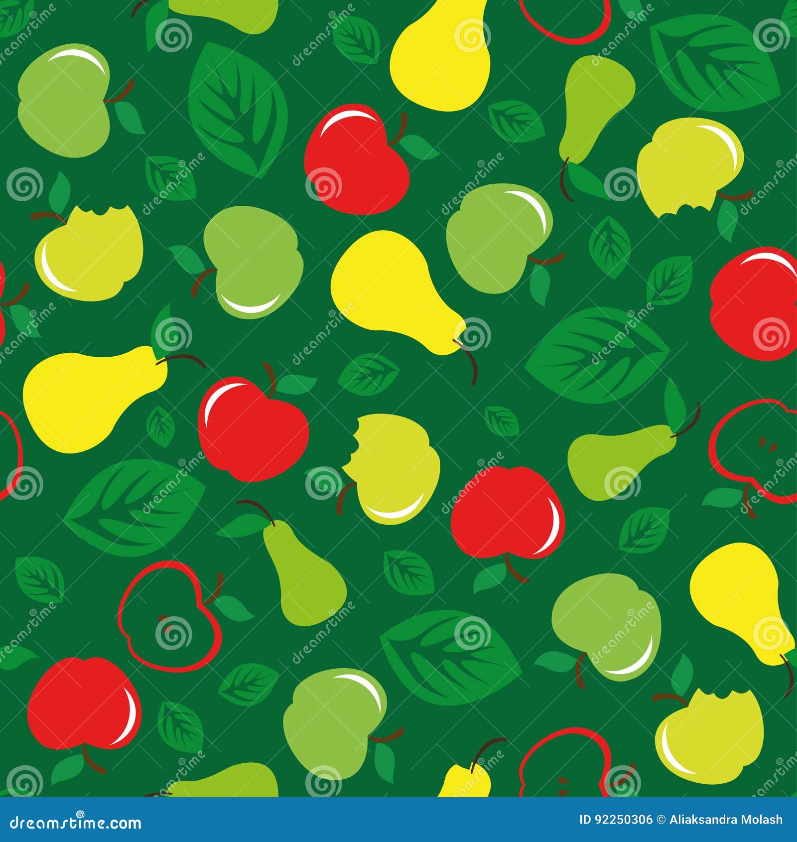 Apple and Pear Seamless Pattern Green Background Stock Vector