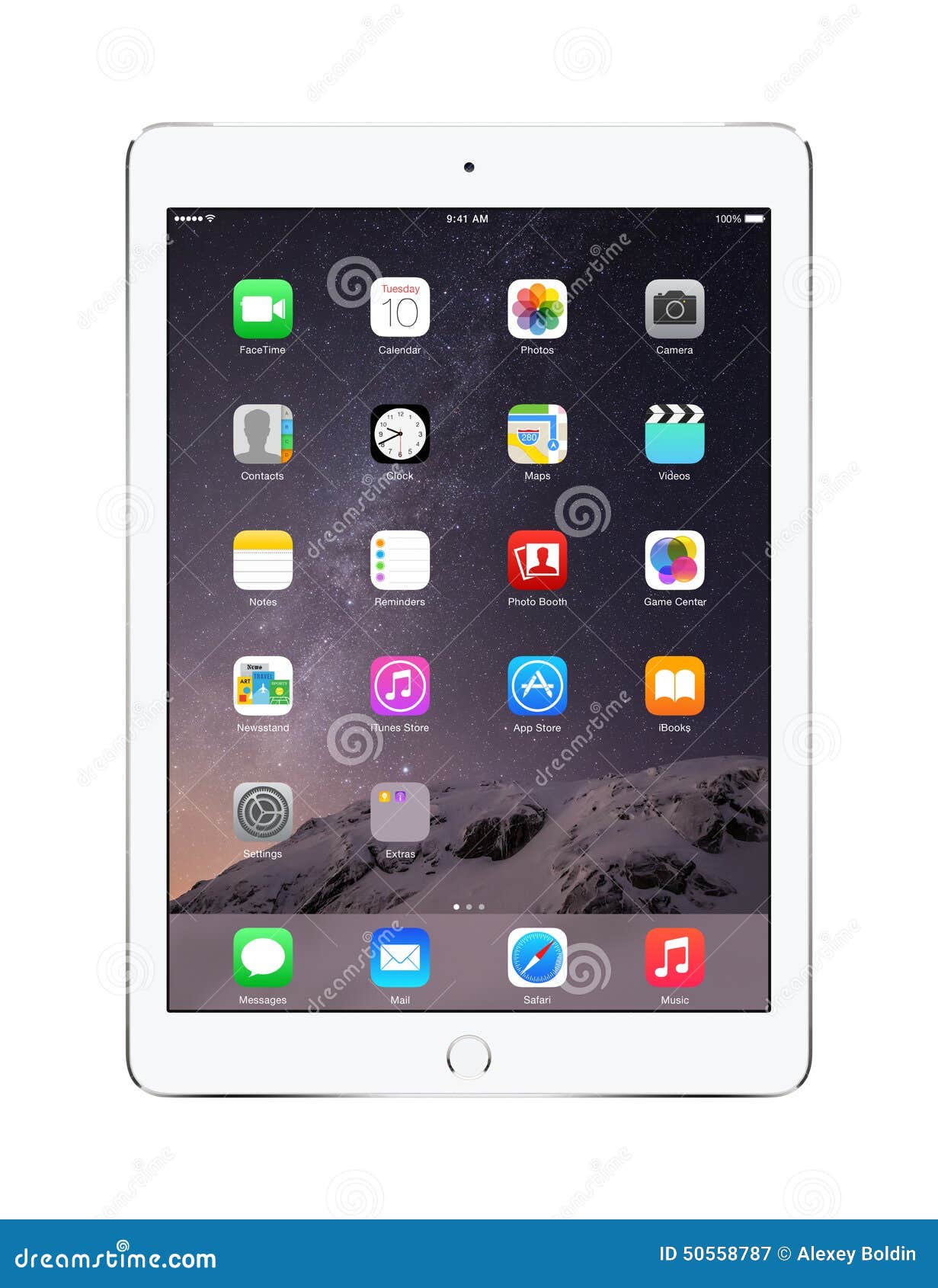 Apple Silver iPad Air 2 with iOS 8, designed by Apple Inc. Varna, Bulgaria - February 02, 2014: Front view of Apple Silver iPad Air 2 with touch ID displaying iOS 8 homescreen, designed by Apple Inc. Isolated on white background. High quality.