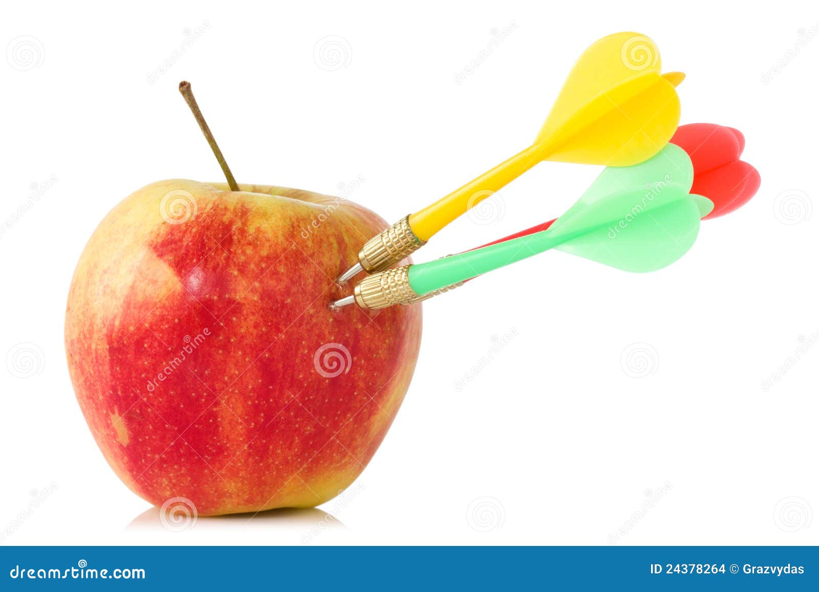 Apple with three darts on white background