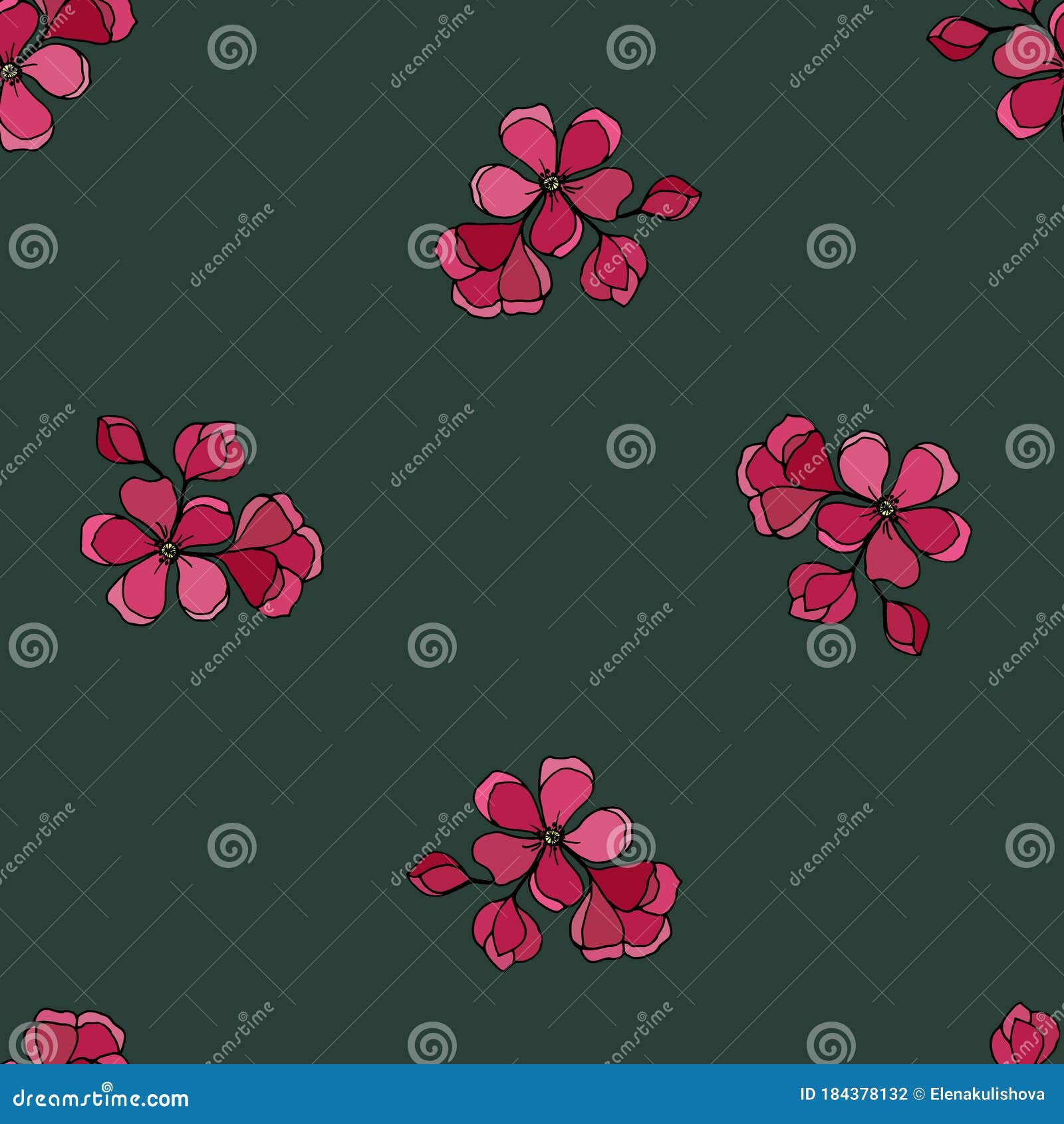 Apple Tree Flowers Seamless Pattern on Dark Green Background Stock