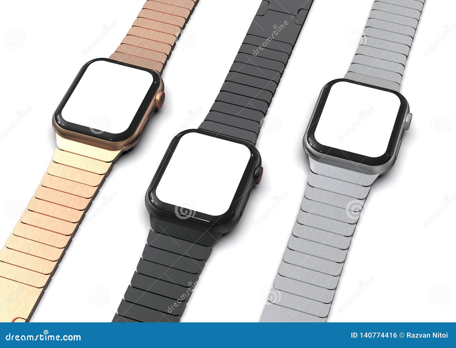 3 Apple Watch 4 Style Smartwatch Devices, Flat on Table Stock Illustration - Illustration of
