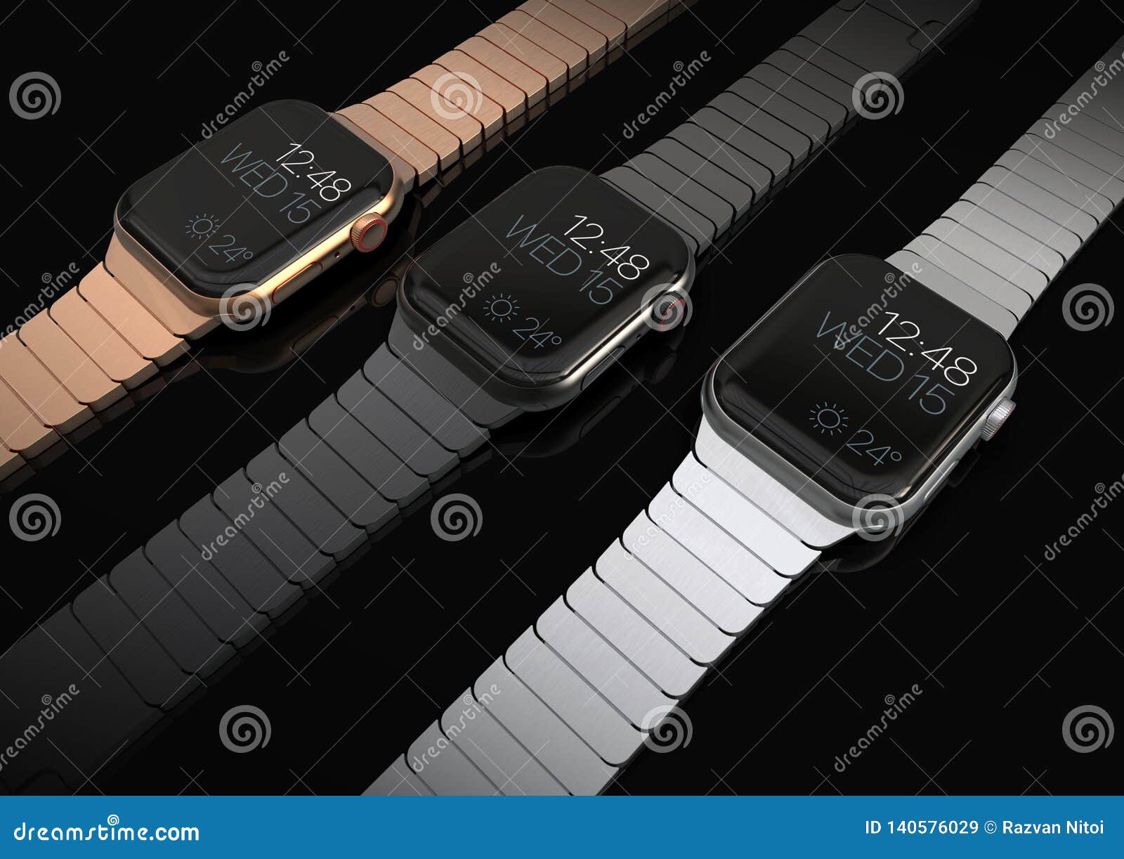 3 Apple Watch 4 Style Smartwatch Devices, Flat on Table Stock Image - Image of cell, calories