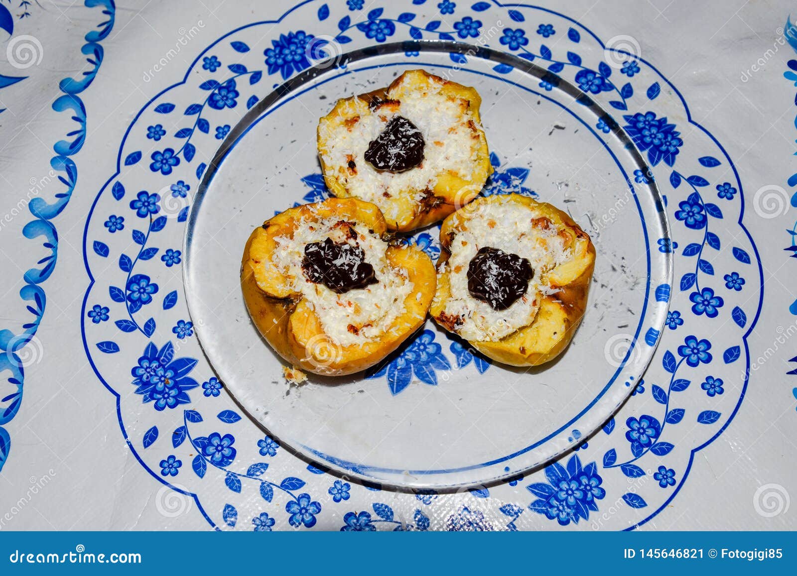 Apples Baked with Cottage Cheese and Decorated with Chocolate and Coconut Chips Stock Image