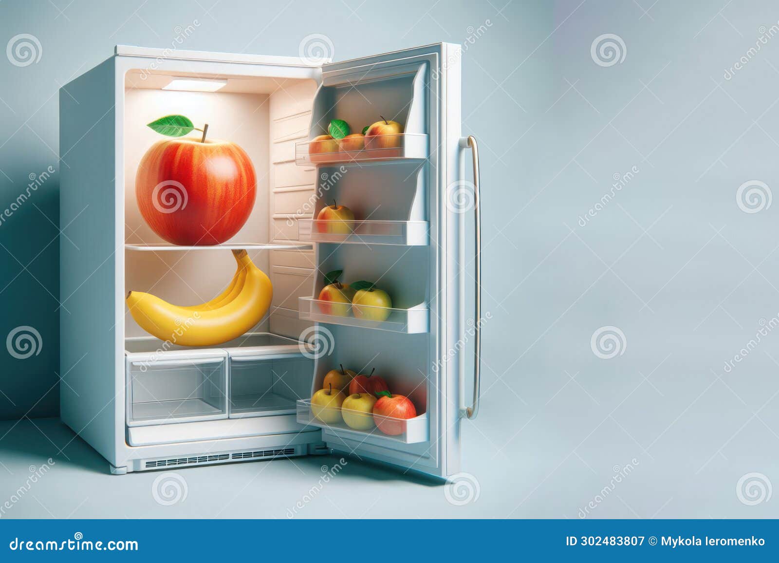 Apples and Bananas Lying in the Refrigerator. Place for Text. Stock
