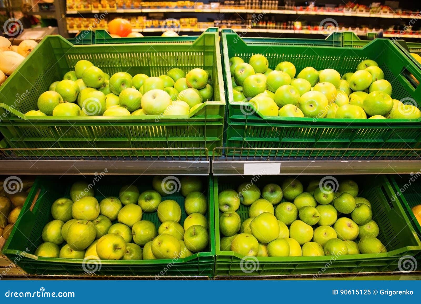 Apples on Boxes in Supermarket Stock Image Image of green, store