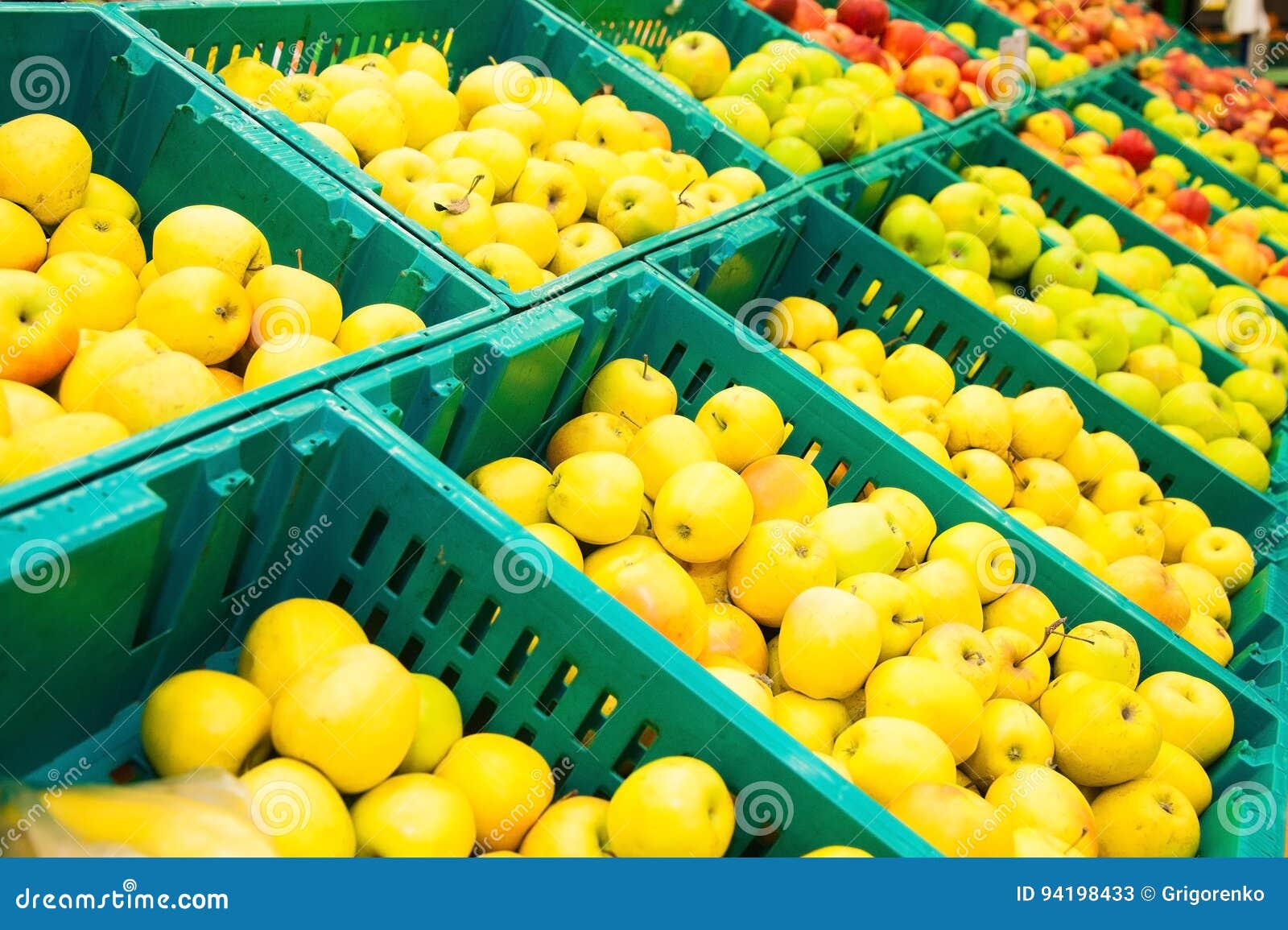 Apples on Boxes in Supermarket Stock Image Image of green, store