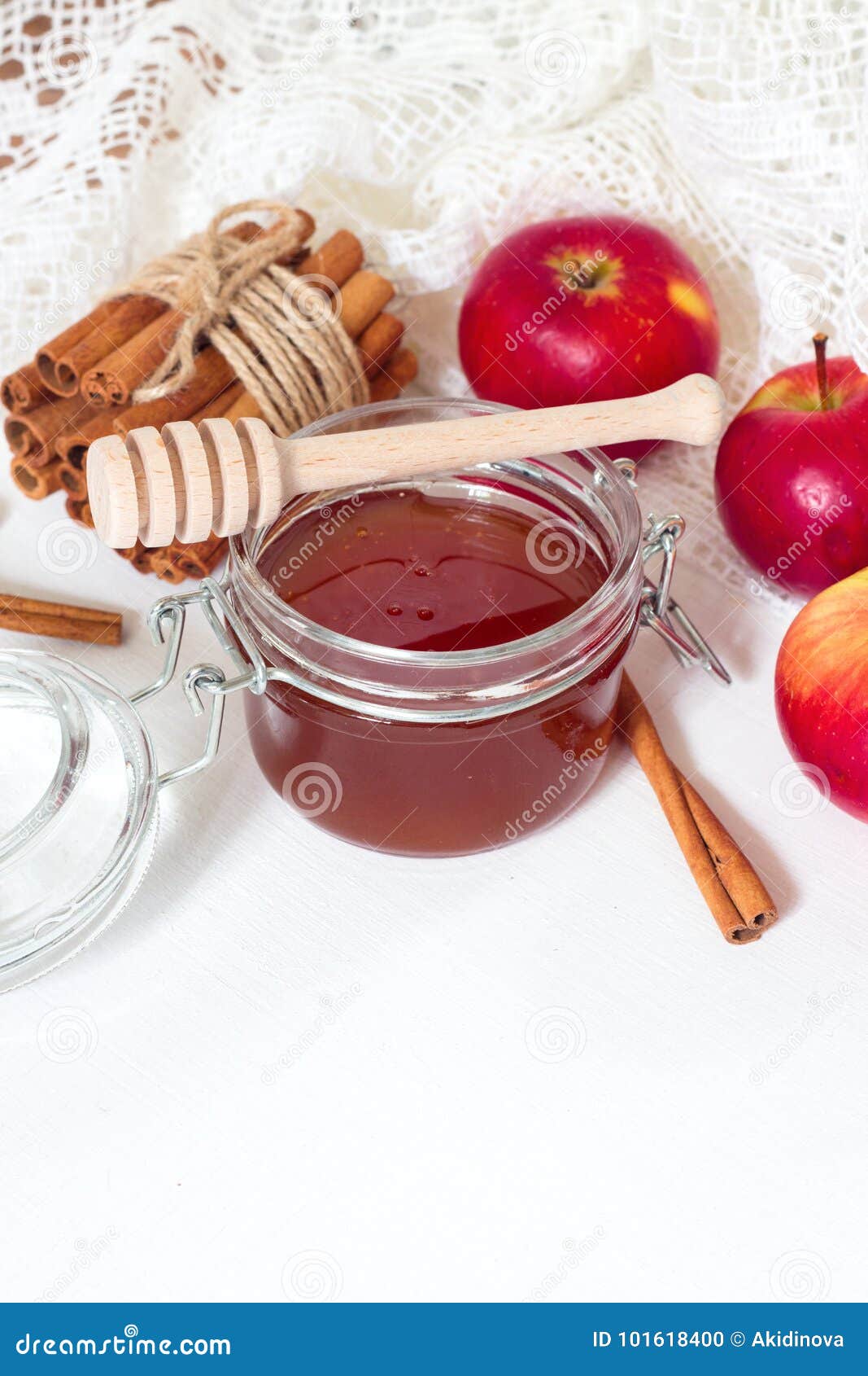 Apples with Honey Jar on White Wooden Table/ Stock Photo Image of
