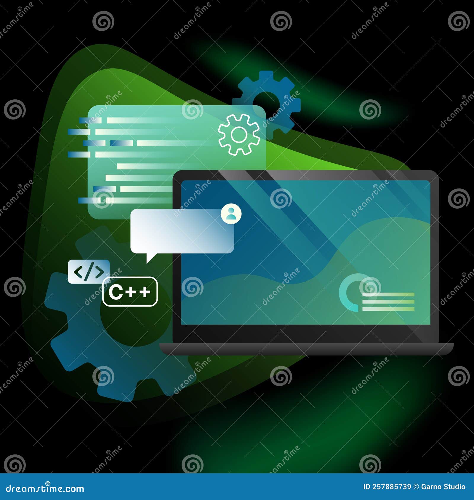 Application Development Illustration. Detailed Coding Elements, Laptop